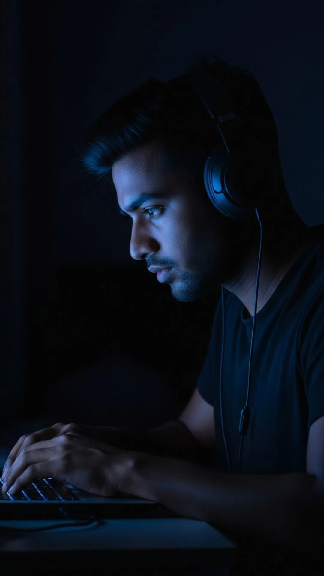 A 9:16 'cool' study DP for boys, showing a young Indian man with headphones in a dark room, lit only by his laptop. This image symbolizes determination and the 'tech focus' study grind, perfect as a motivational WhatsApp DP or 'Attitude DP' for male students in India during exam season. Free HD download from Majekfilms.com.