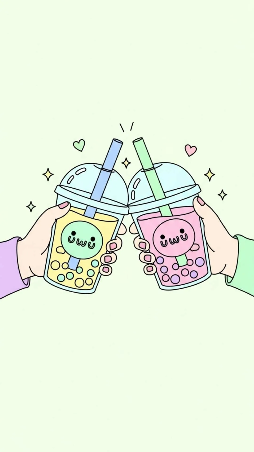 A cute best friends DP showing two hands 'cheers'-ing with boba tea cups that have 'uwu' faces, perfect as an adorable friendship DP for besties.