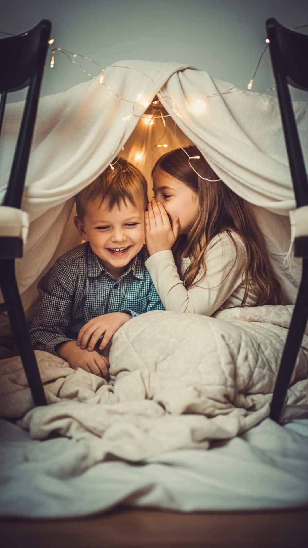 A nostalgic and cute brother and sister image for WhatsApp DP, showing two siblings whispering and laughing in a warm, cozy blanket fort, capturing a perfect childhood moment.