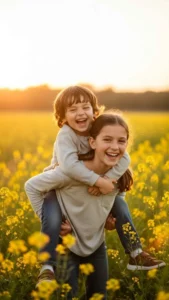 A cute brother and sister image for WhatsApp DP, showing a joyful older sister giving her little brother a piggyback ride in a sunny field, capturing an adorable childhood moment.