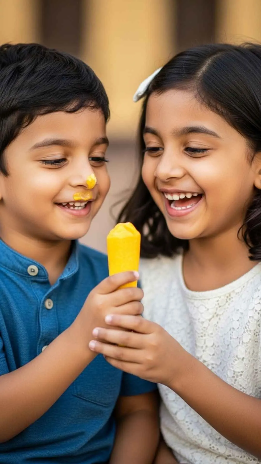 An adorable 'cute brother and sister image' for a WhatsApp DP, showing a 'bhai-behen' pair laughing as they share a 'kulfi' (ice cream). This high-resolution 4K photo, localized for India, captures a sweet, innocent childhood moment, perfectly matching user intent for 'cute sibling eating pics' or 'funny, adorable 'bhai-behen' DP'.