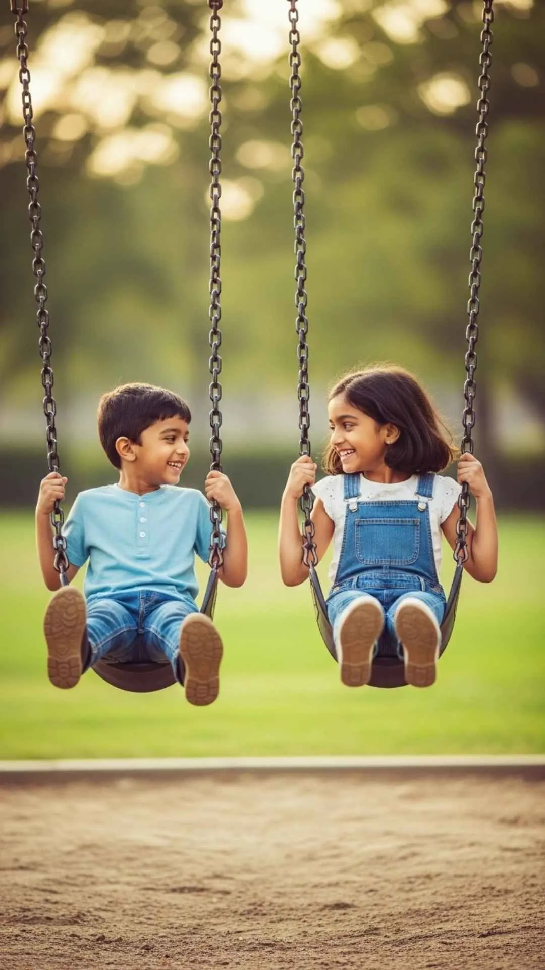 A nostalgic 4K HD shot of a 'little brother and sister' playing on a swing set, capturing a perfect, joyful childhood moment. This 'cute brother and sister image' is an ideal WhatsApp DP, providing a high-quality, helpful photo for users searching for 'nostalgic sibling DPs' or 'childhood memory images' of 'bhai-behen'.