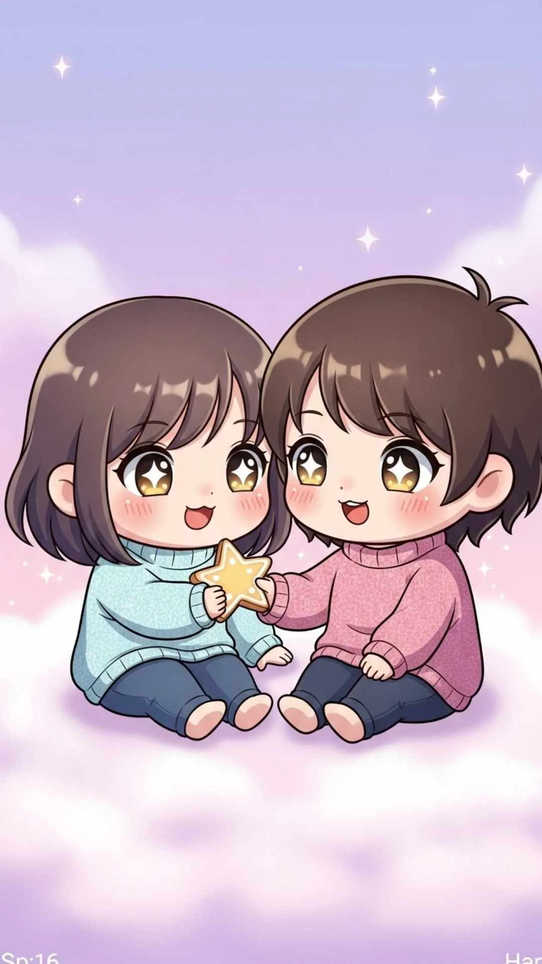 An adorable friendship DP illustration of two chibi best friends sitting on a cloud, sharing a cookie, perfect as a cute friendship DP for besties with an 'uwu' vibe