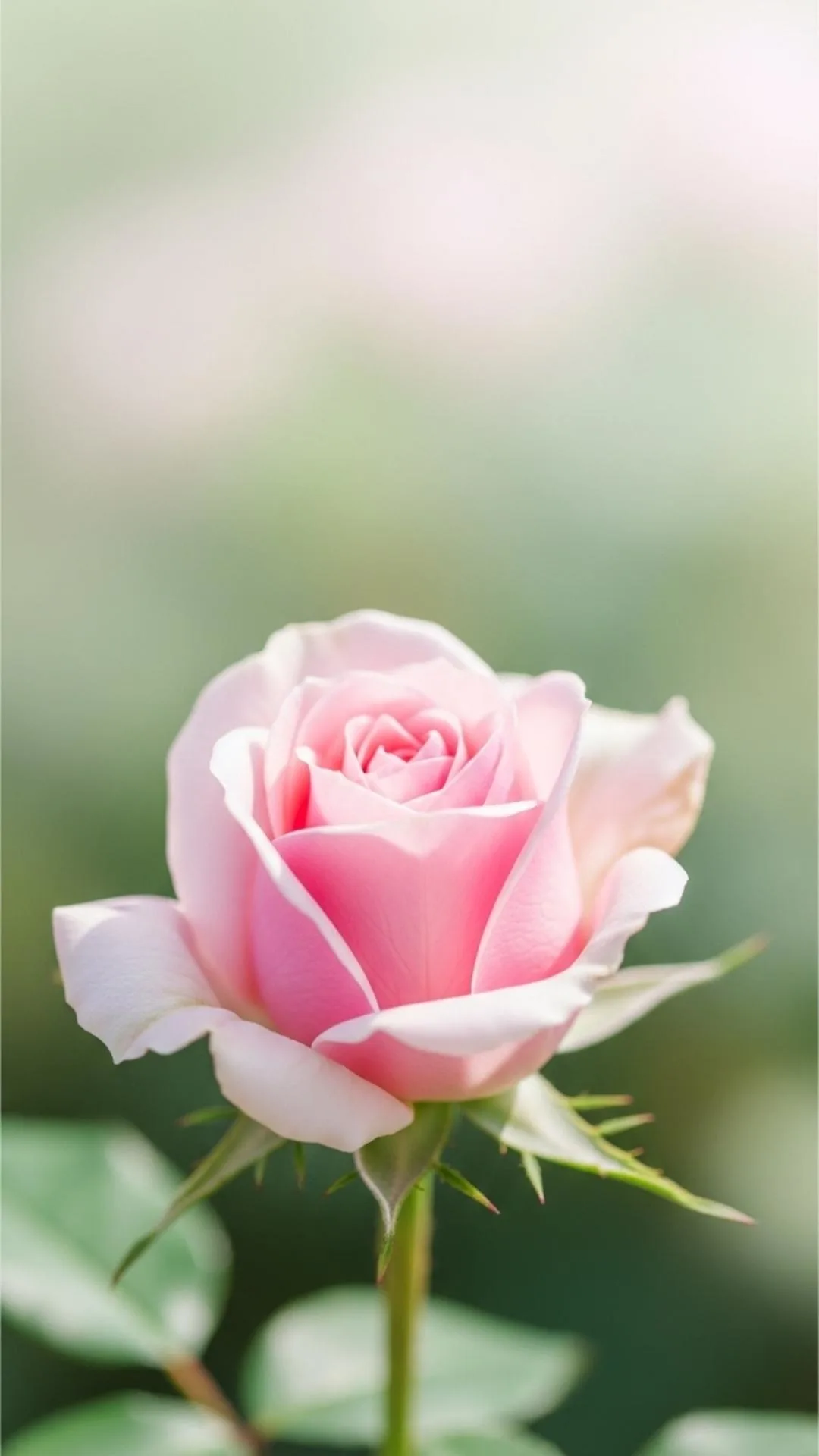 A cute 4K HD pink rose DP, showing a delicate light pink rosebud in soft morning light, symbolizing sweetness and innocence. Perfect for a girl's WhatsApp profile picture