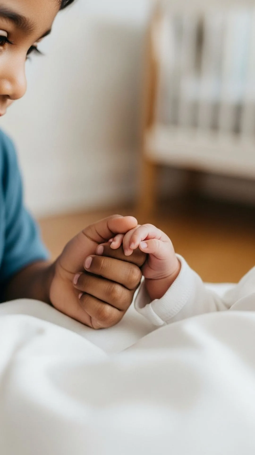 A tender, high-resolution 4K photo showing a 'little brother holding his baby sister's hand,' perfect for a cute WhatsApp DP. This heart-touching image captures the innocence and adorable moments of a new 'bhai-behen' bond, providing a helpful, high-quality download for users searching for 'newborn sister and brother images' or 'innocent childhood DP'