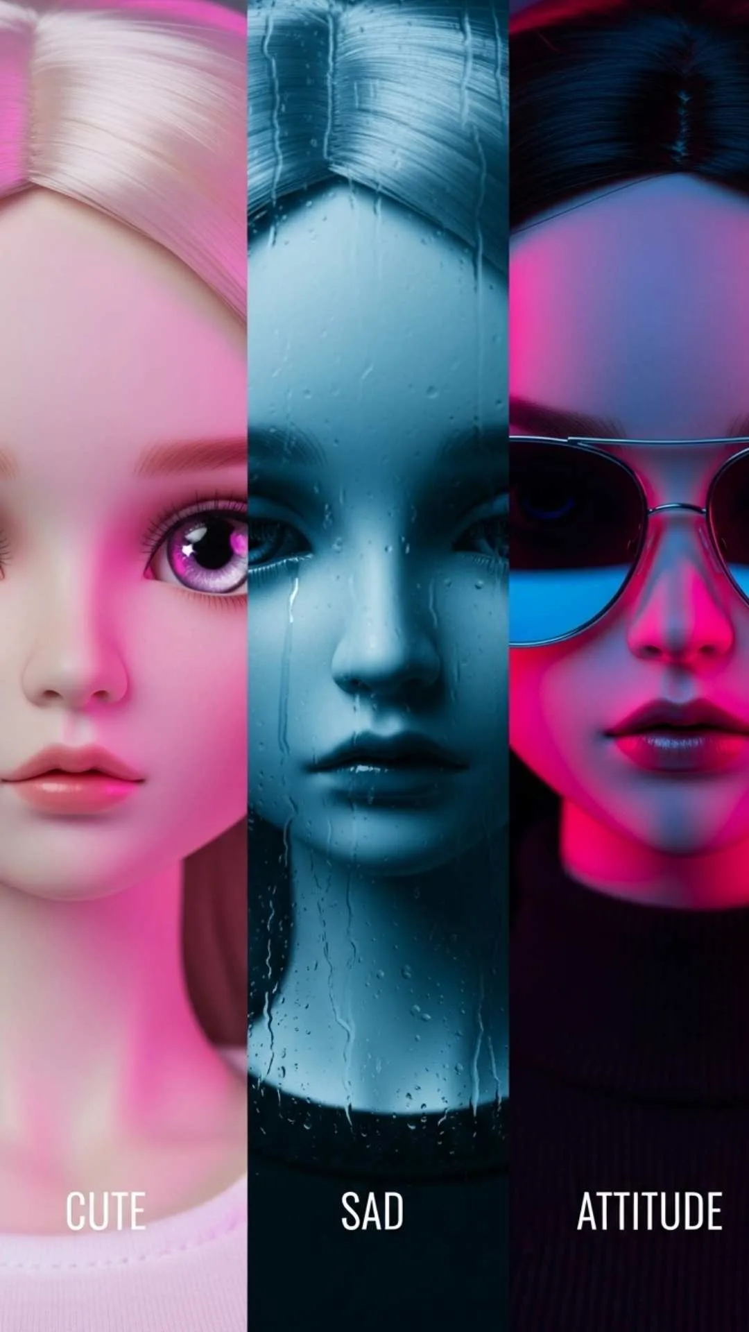 A 4K HD triptych showing how Doll Images DP are the "perfect canvas" for emotion, a key concept from the Majekfilms.com guide. The image showcases three distinct styles available for free download: a cute doll DP, a sad doll DP for expressing deep emotion, and a fierce killer attitude doll DP.