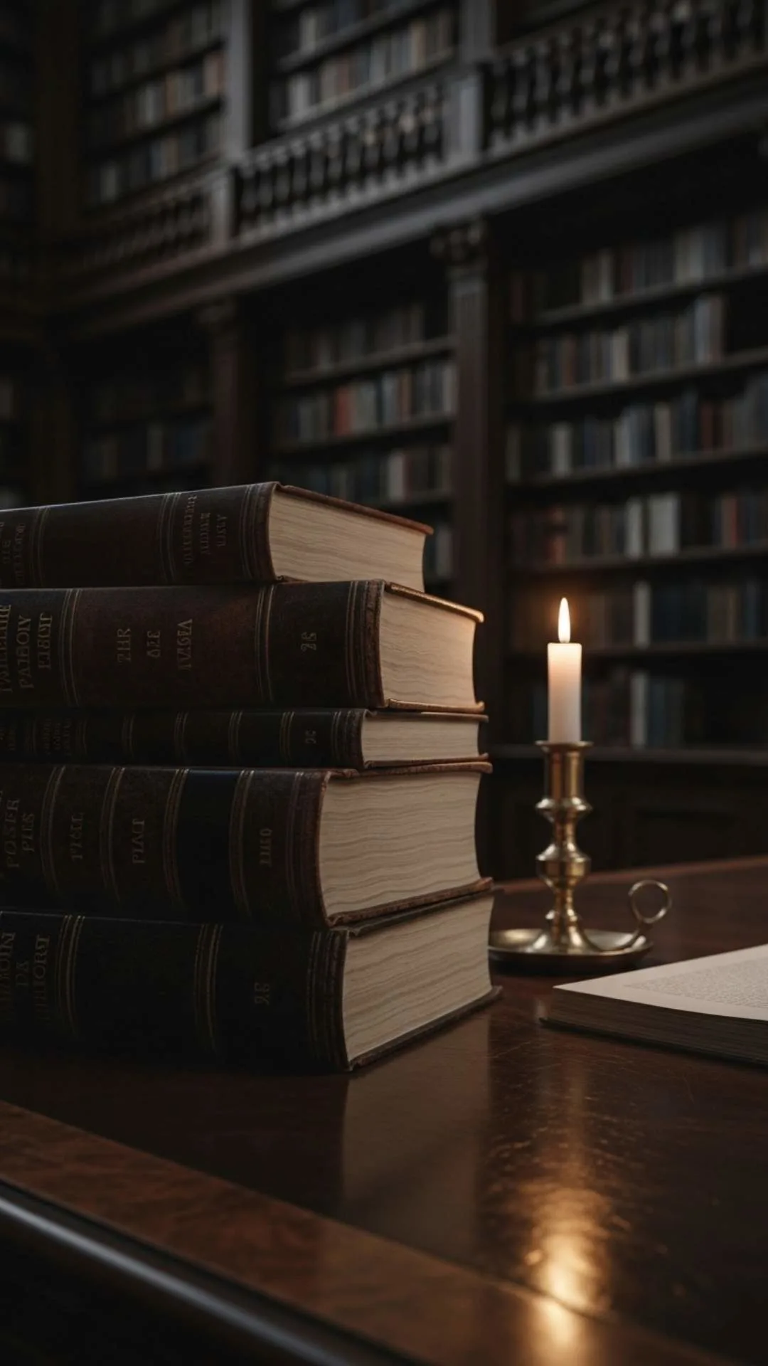A 9:16 'Dark Academia' study DP featuring a stack of old books and a candle on a desk in a moody library. This scholarly and atmospheric image captures the intense study vibe for students in India, perfect for a unique WhatsApp profile picture. Find more 4K aesthetic DPs on Majekfilms.com