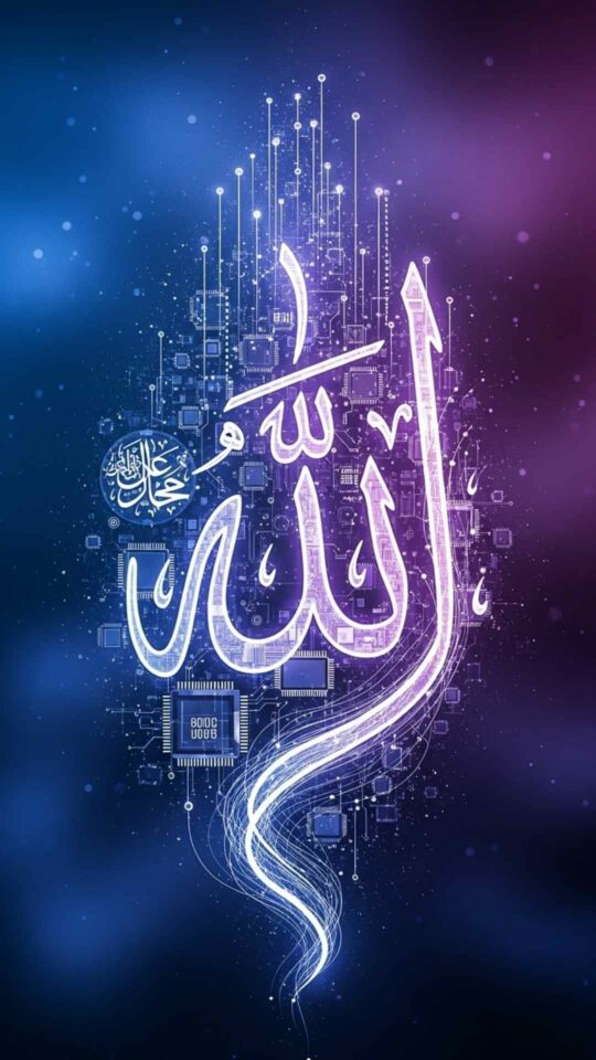 A high-key, modern composition featuring diverse hands holding digital devices like smartphones, tablets, and laptops. The screens display various beautiful and respectful Islamic calligraphy DPs, including the word "Allah" (الله) in elegant Arabic script, "Bismillah," and other sacred phrases, all rendered in stunning HD and 4K quality. The background subtly hints at Majekfilms.com, showcasing a blend of digital art and spiritual expression, perfect for WhatsApp, Facebook, and Instagram profile pictures.
