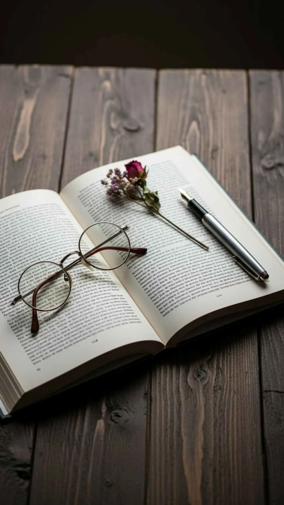 An 'expert analysis' image demonstrating a DIY aesthetic book DP setup, featuring an open book with round eyeglasses, a fountain pen, and a dried rose on a rustic table. This shows how to create a unique, intellectual, and vintage-style profile picture for book lovers in India.
