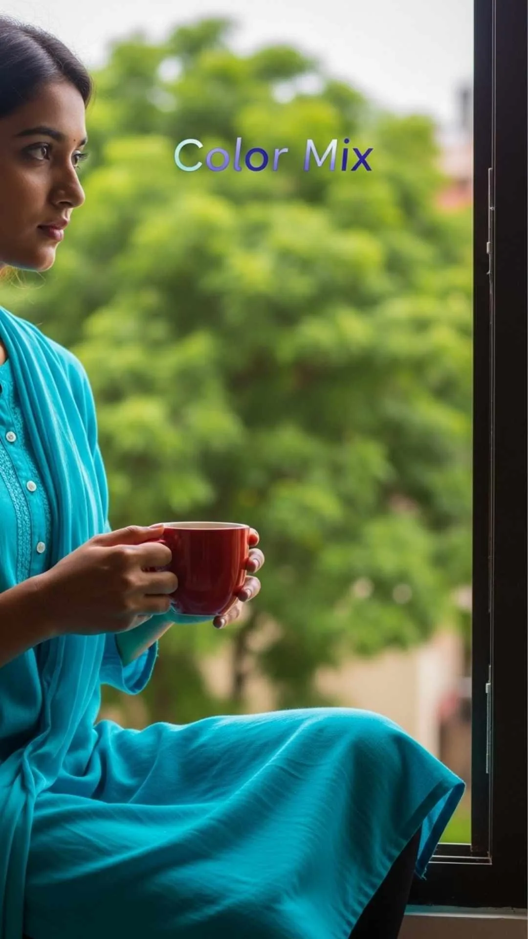 A "Color Mix" recipe example for an "aesthetic Instagram DP," showing a person with a coffee mug where "Blues" and "Greens" are desaturated and "Oranges/Reds" (skin, coffee) are kept. This helpful content image provides an expert (E-E-A-T) editing tip for a unique profile picture.