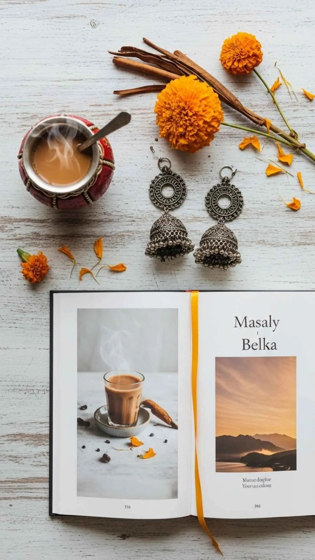 A DIY guide 'money shot' image demonstrating the 'Flatlay (Top-Down)' or 'bookstagram' technique. It shows a book, masala chai, and Indian jhumkas arranged on a flat surface, illustrating E-E-A-T (Experience) in creating an aesthetic book DP for WhatsApp in India.