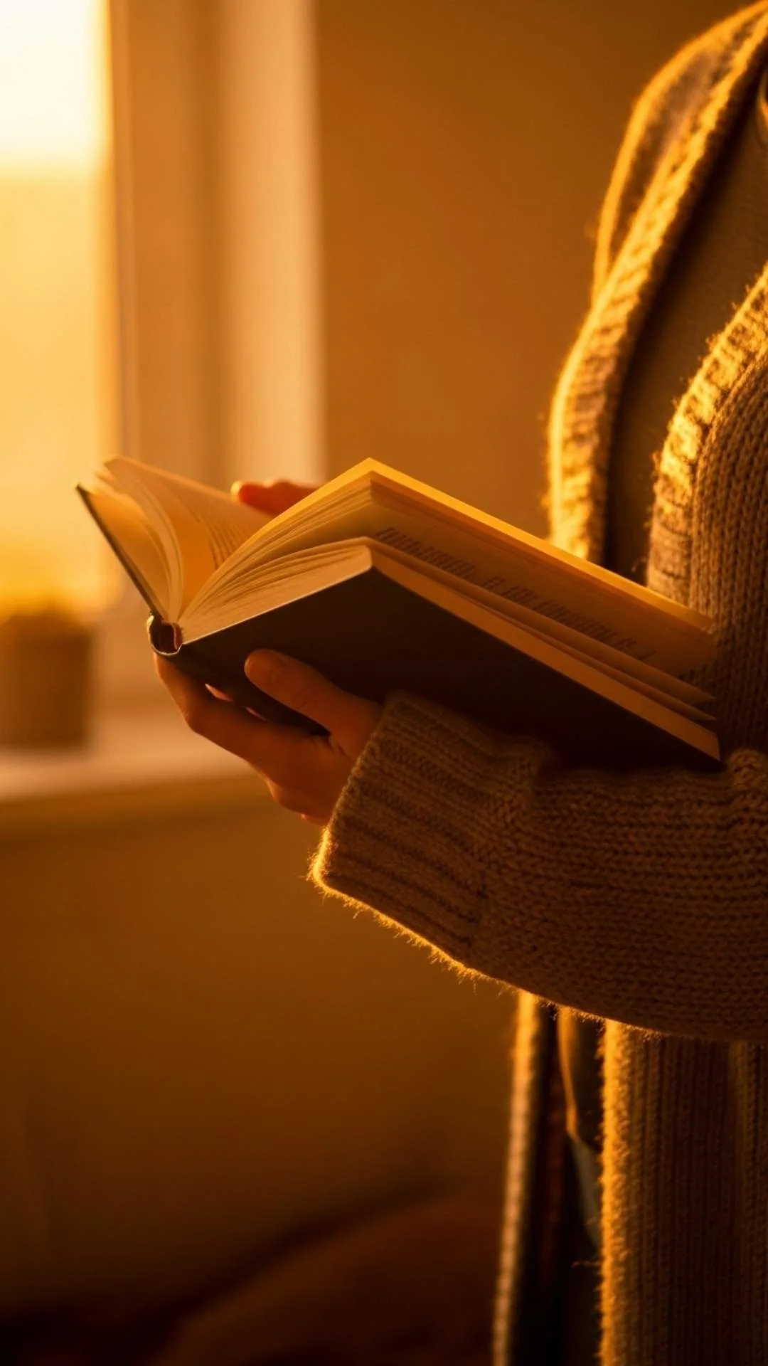 An aesthetic book DP example demonstrating the 'Golden Hour' lighting technique from our DIY guide. The image shows a book held in warm, yellow, ultra-cozy sunlight, creating a perfect, deeply personal, and trending profile picture for Indian book lovers on Instagram.