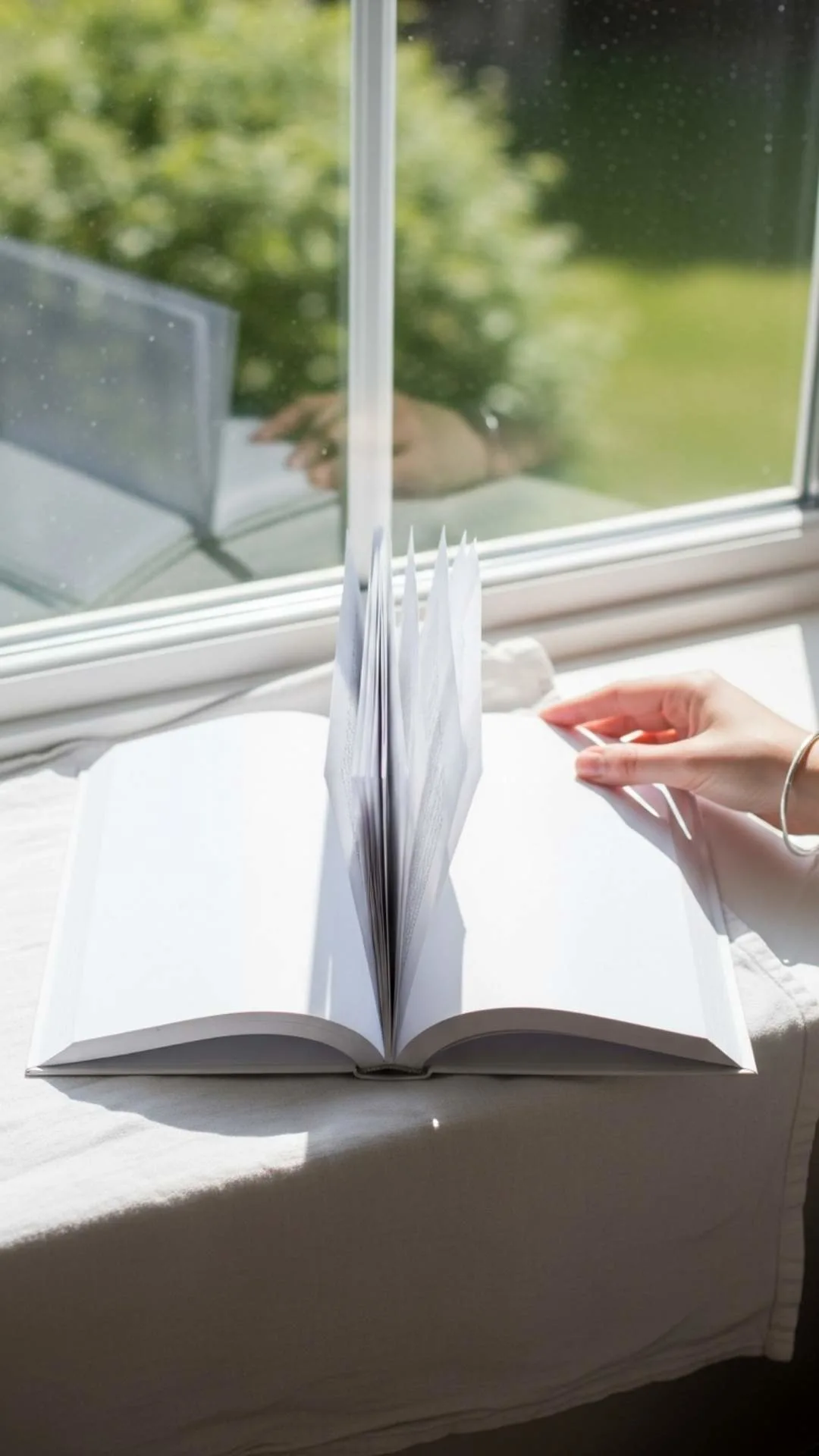 A DIY guide image demonstrating the 'Natural Light is King' tip, showing a book DP setup by a window with bright, even daylight. This visualizes the HCU (Helpful Content Update) principle of providing actionable advice for a clean, aesthetic, and fresh profile picture for WhatsApp in India.