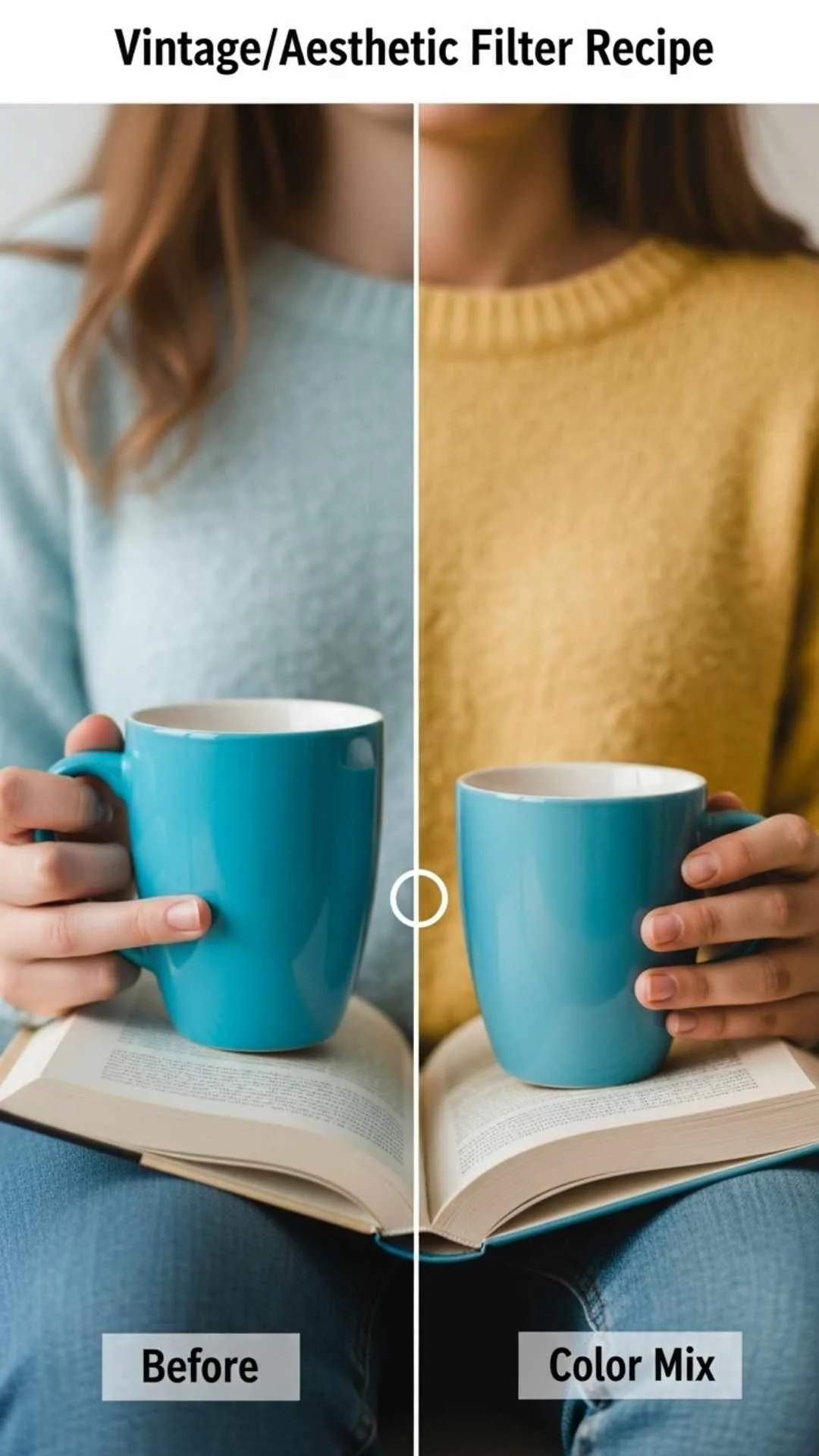 A "Before and After" image demonstrating the "Vintage/Aesthetic Filter Recipe" from the DIY guide. This HCU (Helpful Content Update) visual provides actionable "how-to" value, showing the effects of decreasing contrast and increasing warmth and grain for an aesthetic book DP.