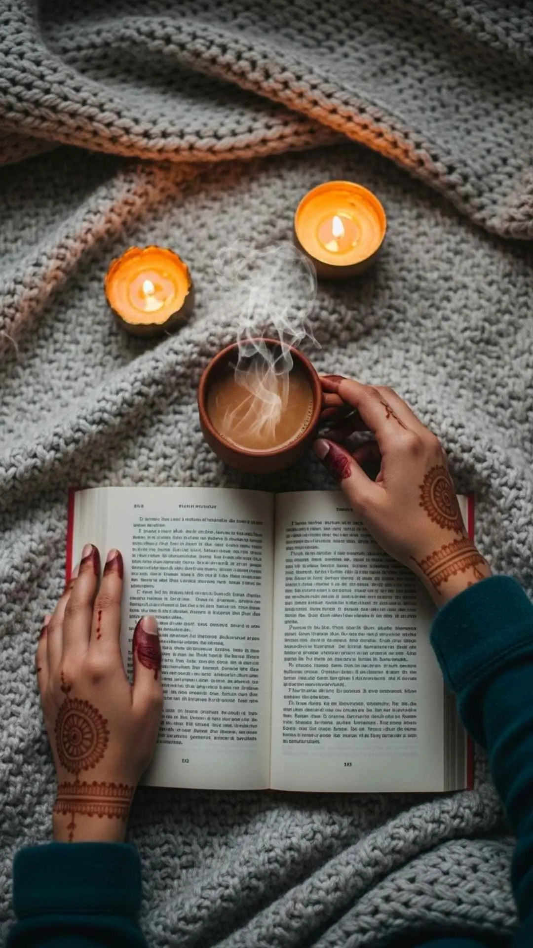 A DIY guide image showing how to 'set the stage' for a cozy book DP, featuring an open book, a steaming cup of masala chai, a lit candle, and a warm knitted blanket. This setup is perfect for creating a personal, aesthetic, and inviting profile picture for WhatsApp in India.
