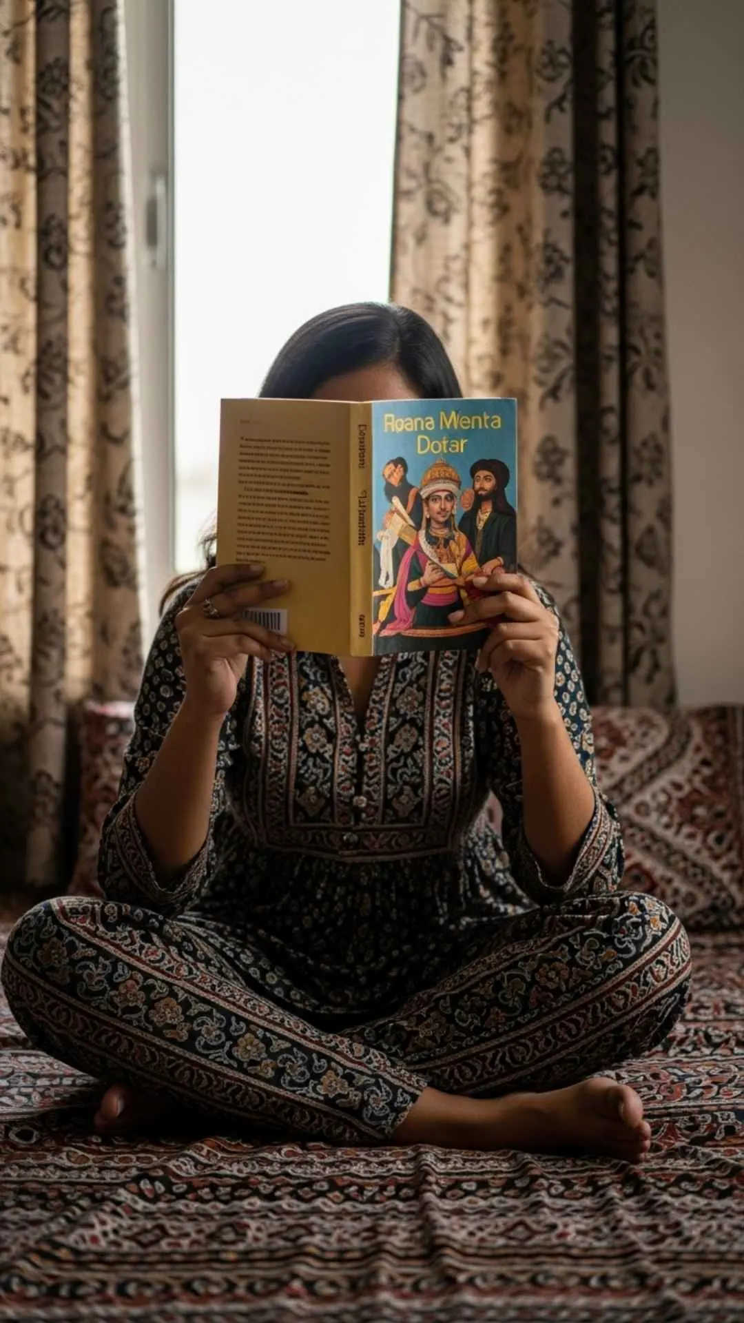 A DIY 'Faceless Portrait' guide image, showing an Indian person on a bed 'holding a book to cover their face.' This aesthetic and private (shield) DP is a popular 'money shot' for book lovers in India, answering the long-tail keyword 'faceless portrait book dp'.