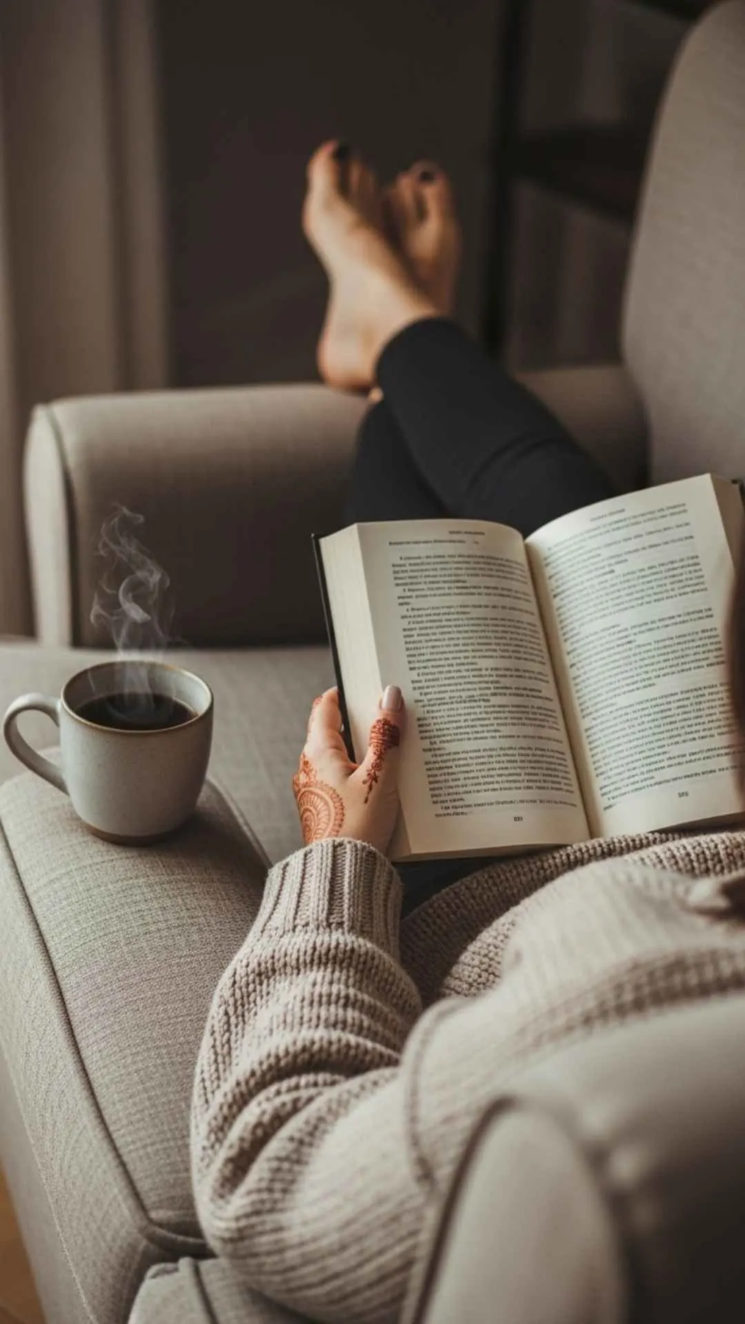 A 'money shot' example from the DIY guide for a 'Faceless Portrait' DP, shot 'from the shoulders down.' It shows a person with mehendi hands holding a book and a mug of coffee, creating an ultra-cozy and aesthetic profile picture for Indian users, perfect for a unique WhatsApp DP.