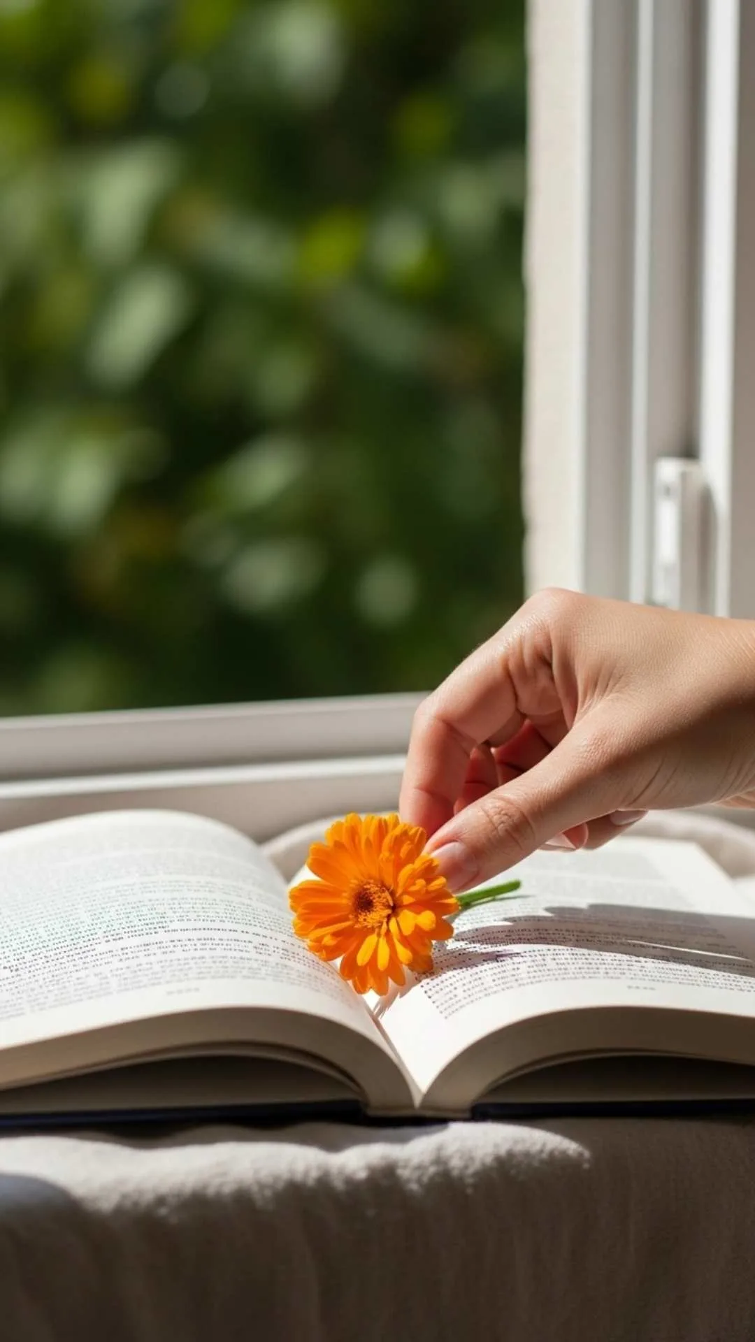 A DIY 'how-to' image for a nature book DP, showing a hand placing a fresh marigold flower in an open book by a sunny window. This simple, organic setup helps create a peaceful, aesthetic, and unique profile picture for Indian users on WhatsApp or Instagram.