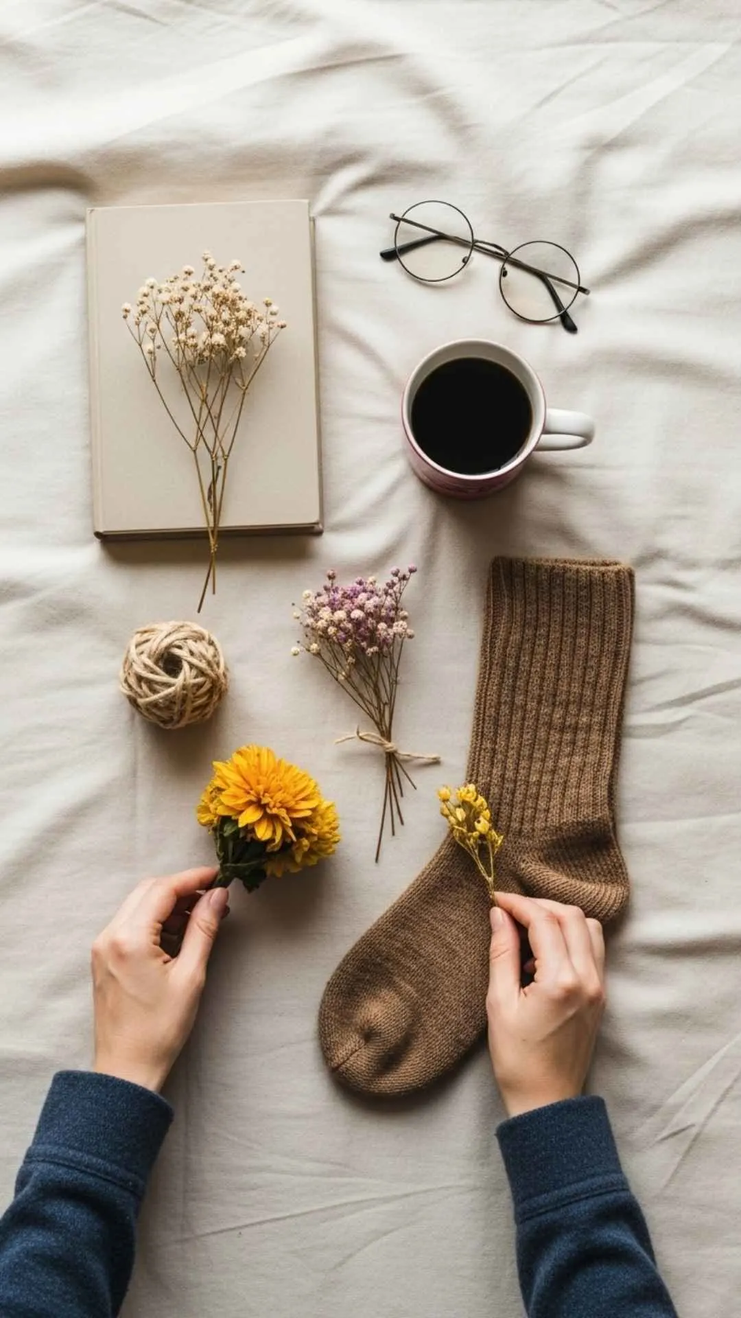 An image demonstrating the 'Experience' (E-E-A-T) of a DIY guide, showing a person 'setting the stage' with props (book, mug, glasses, flowers) to create a unique and personal WhatsApp DP, fixing 'thin content' by showing the creative process.