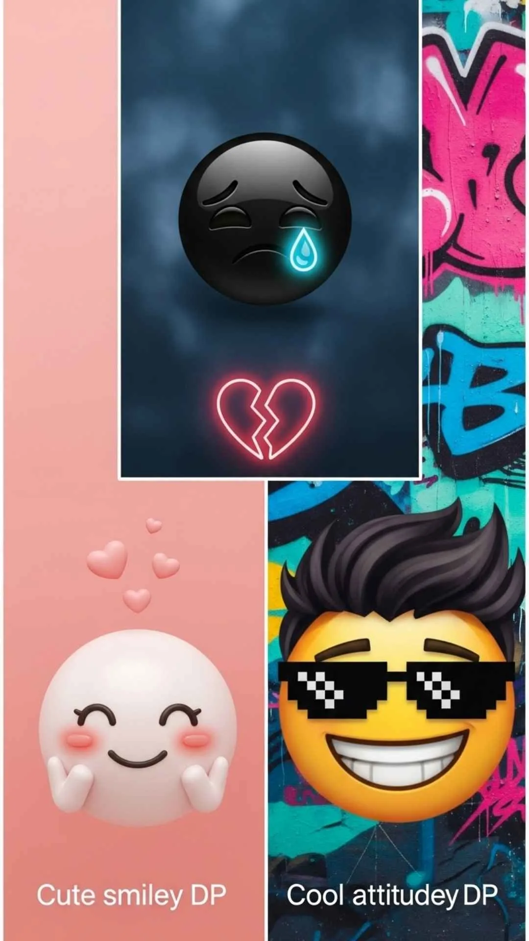 A collage of diverse smiley images for DP, showing the collection of cute, sad, and attitude profile pictures available for free download on Majekfilms.com.