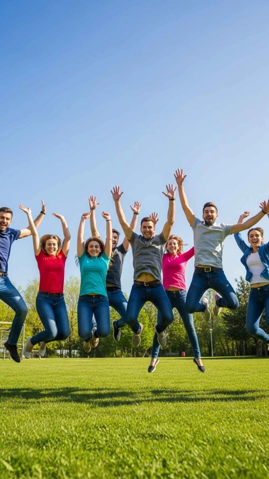 An energetic group of friends DP capturing an unforgettable moment as a happy squad jumps in the air together, the perfect image for squad goals.