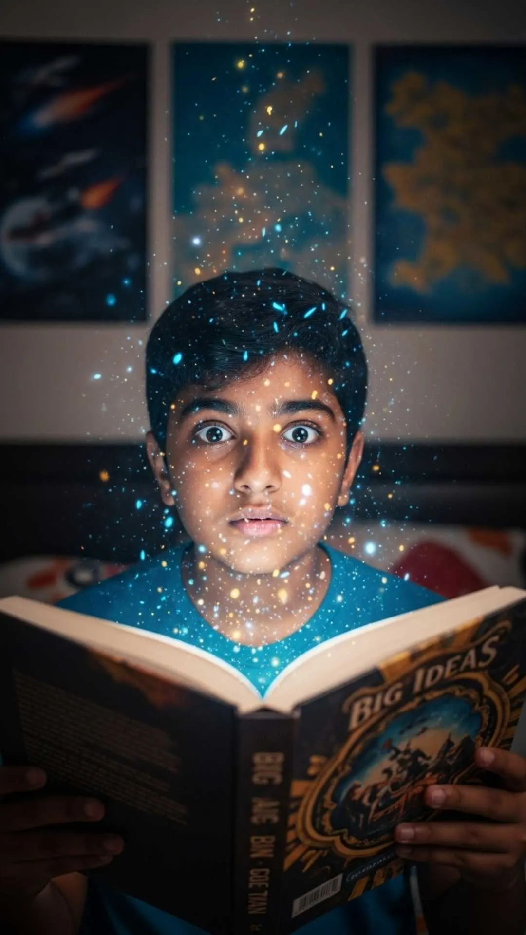 A fantasy book DP for Instagram, showing a young Indian person's face lit with wonder as magical light pours from an open sci-fi novel. This aesthetic profile picture represents a rich, creative imagination and a love for "big ideas," perfect for Indian fantasy fans.