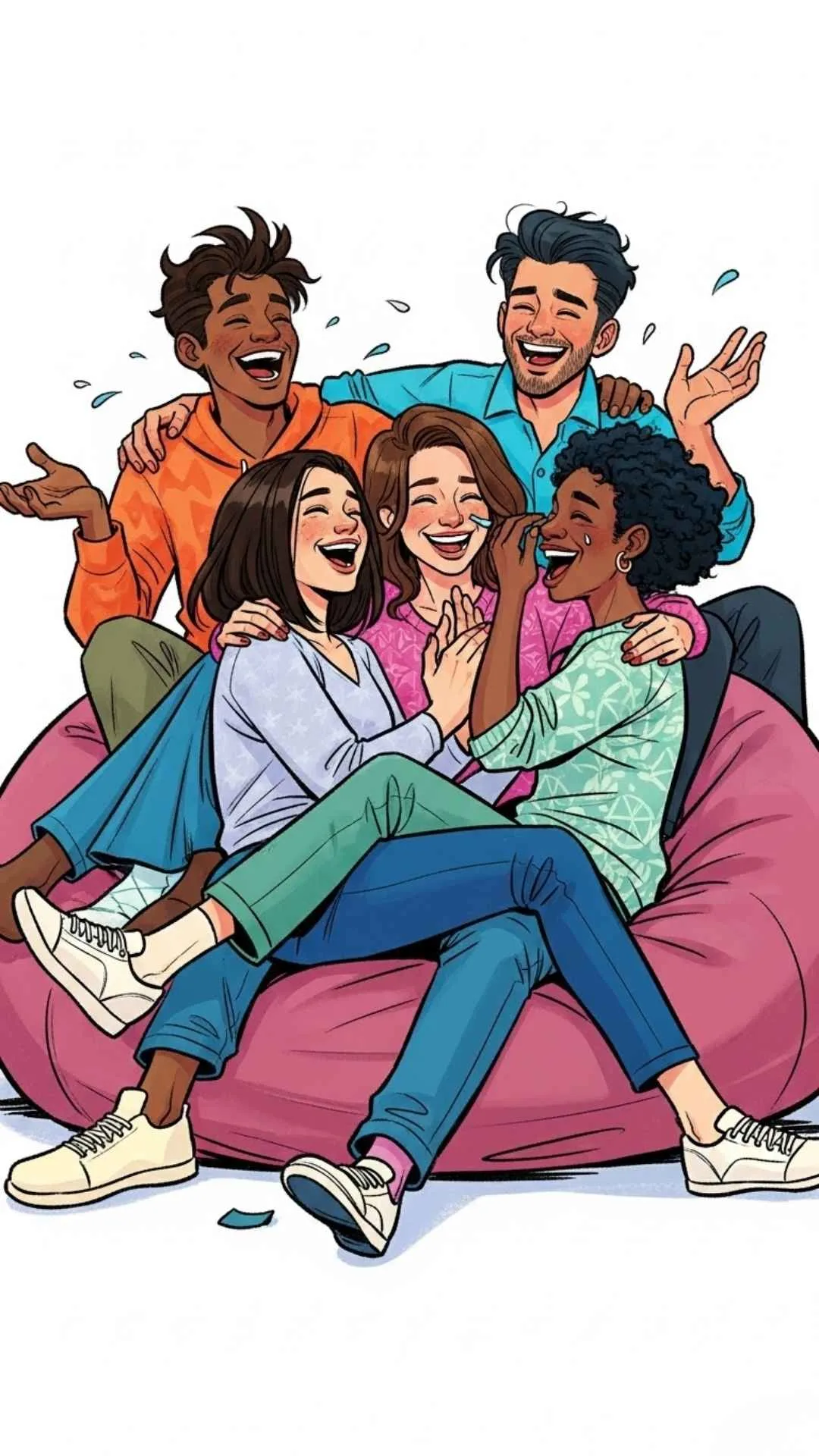 A fun group of friends DP in a candid illustration style, showing a diverse squad laughing together, capturing pure energy and true squad goals.