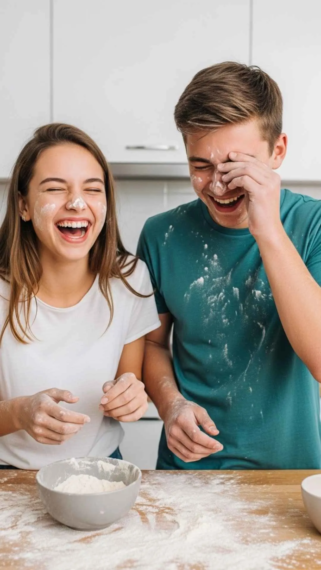 A hilarious HD image of a brother and sister covered in flour and laughing after a playful baking mess, perfect for a funny WhatsApp DP. This high-quality, 4K photo captures a chaotic and joyful 'crazy moment,' providing a unique and helpful picture for users looking for 'funny candid sibling DPs' or 'bhai-behen antics pictures'.