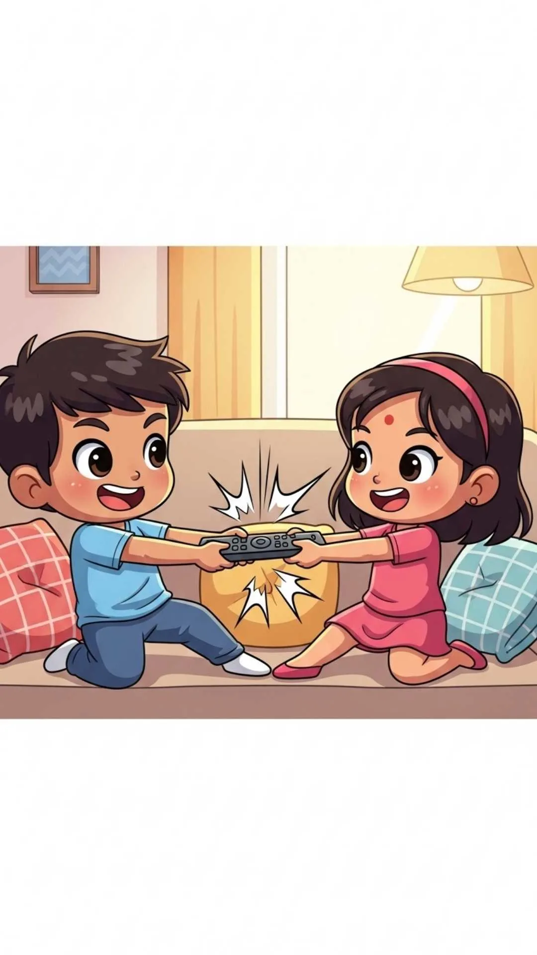 A hilarious 'brother and sister cartoon DP' in 4K, showing a 'bhai-behen' pair in a playful 'Tom and Jerry' style fight over a TV remote. This funny, high-quality image is a helpful download for users searching for 'crazy sibling antics', 'funny rivalry pics for WhatsApp', or 'what is the best cartoon DP for brother and sister?'.