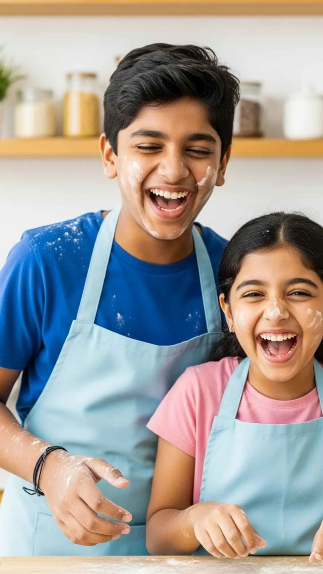 A hilarious HD image of a 'bhai-behen' (brother and sister) covered in 'atta' (flour) and laughing, perfect for a funny WhatsApp DP. This high-quality, 4K photo captures a chaotic and joyful 'crazy moment,' providing a unique and helpful picture for users looking for 'funny candid sibling DPs', 'playful bhai-behen antics pictures', or 'Indian sibling funny images'.