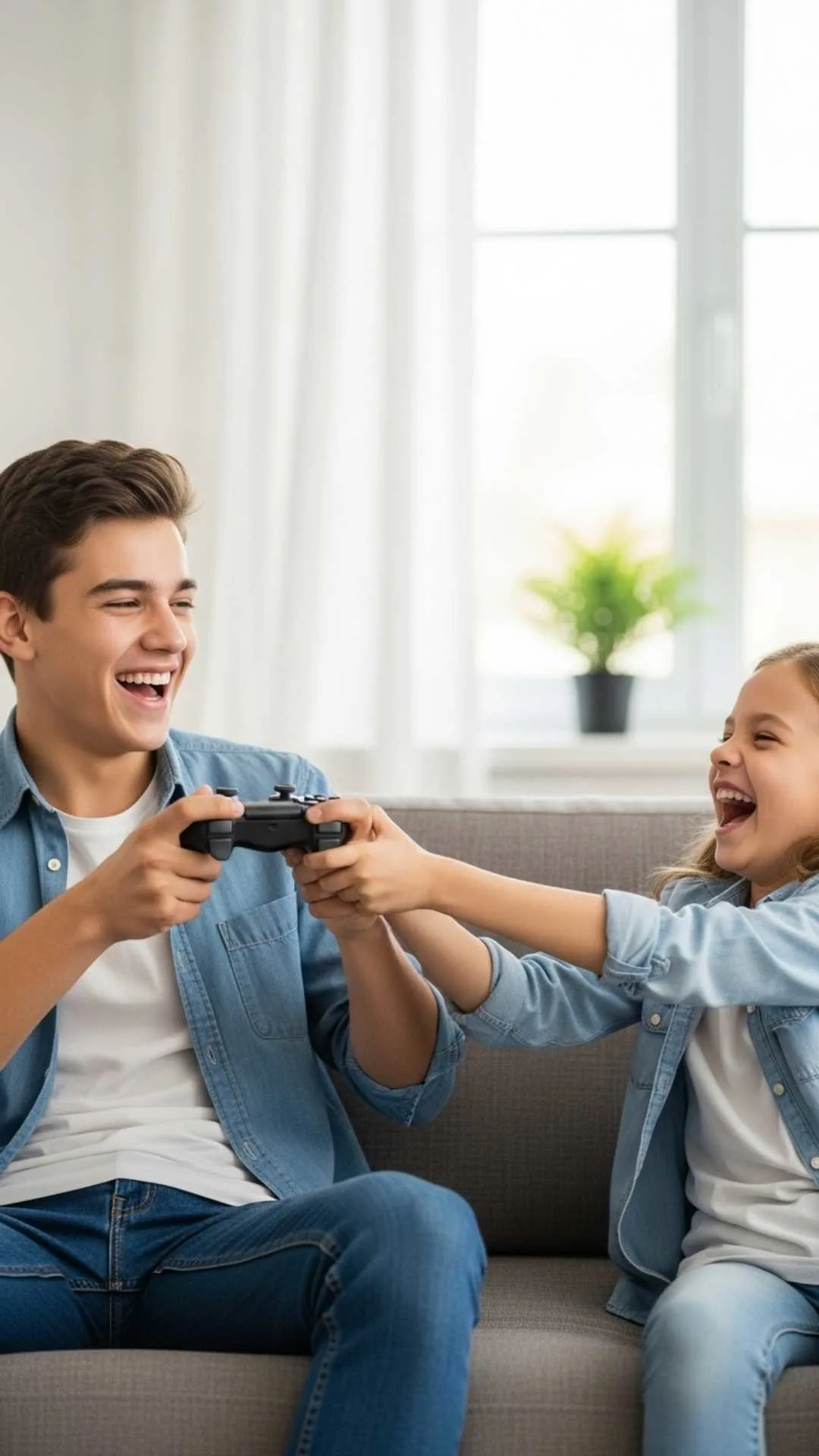 A funny brother and sister image for WhatsApp DP, capturing their 'Tom and Jerry' antics. This high-quality, HD 4K photo shows a 'bhai-behen' pair playfully fighting and laughing over a game controller. This candid, humorous picture is a helpful resource for users searching for 'funny sibling rivalry DPs' and 'crazy brother sister images'.