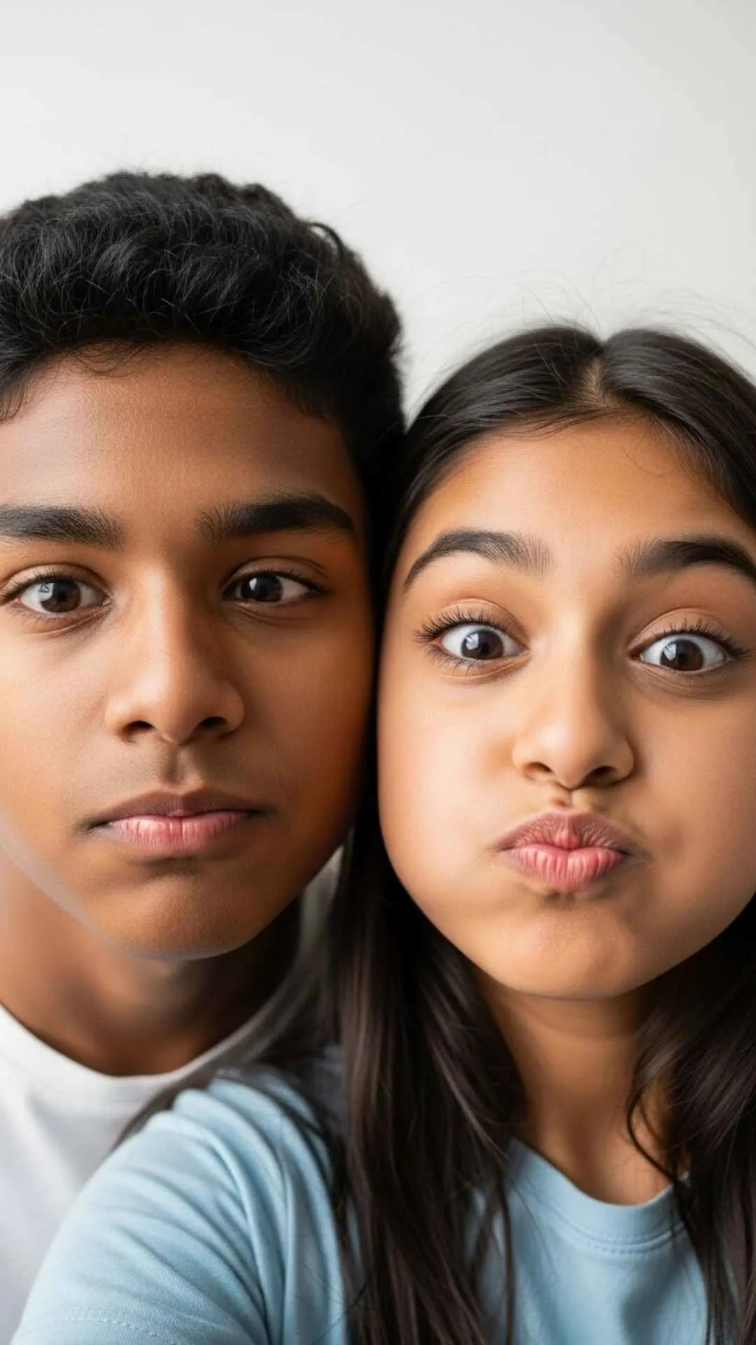 A hilarious 4K HD photo, perfect for a funny WhatsApp DP, showing a 'bhai' (brother) and 'behen' (sister) making goofy, funny faces in a candid selfie. This image perfectly captures the 'crazy times' and humorous bond, providing a unique and high-quality profile picture for users searching for 'goofy sibling pics', 'funny face DP for brother and sister', or 'candid moments DP'.
