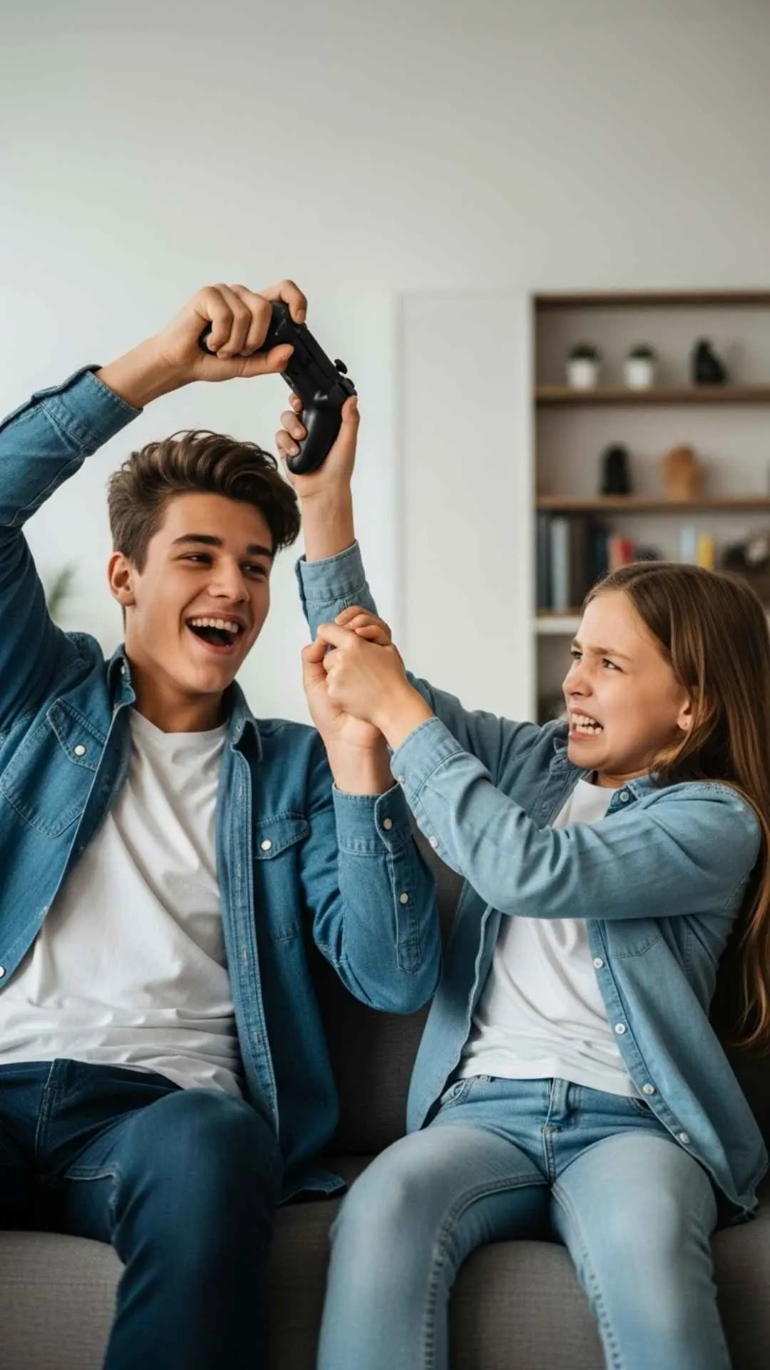 A funny HD profile pic of a brother and sister playfully fighting over a game controller. A perfect example of 'funny brother and sister images for WhatsApp DP' that captures their rivalry.