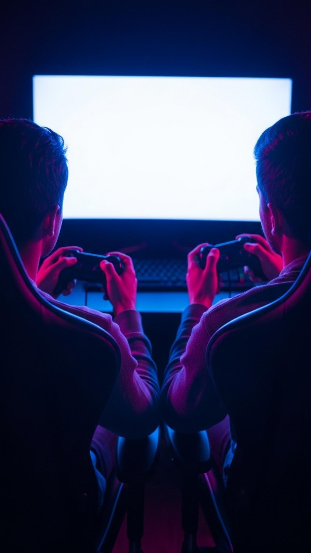 A gaming friendship DP showing two homies in a dark room, illuminated by a screen, capturing a shared adventure and brotherhood bond, perfect for a WhatsApp DP for boys