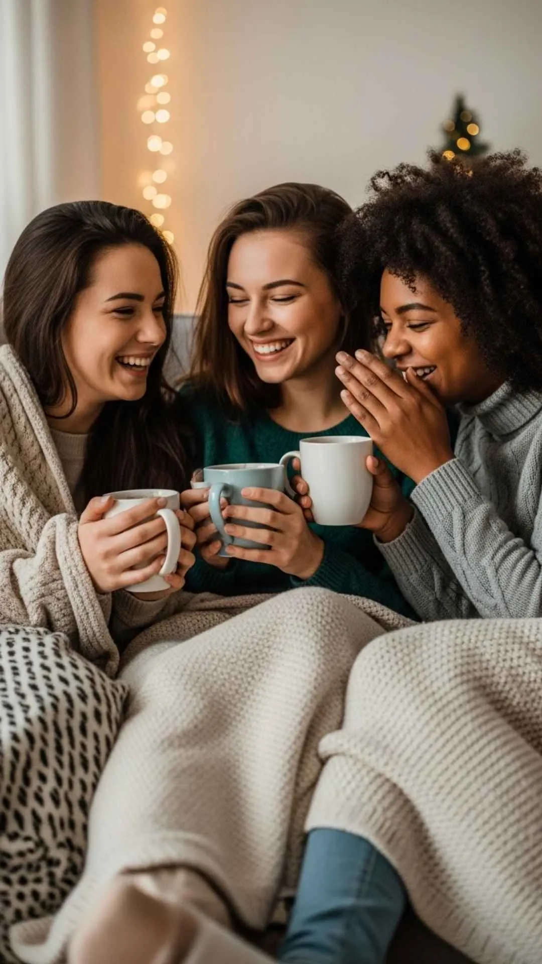 A heartwarming Friendship DP for girls showing a cozy girl gang laughing on a couch with hot cocoa, capturing genuine sisterhood and a warm, intimate bestie vibe.