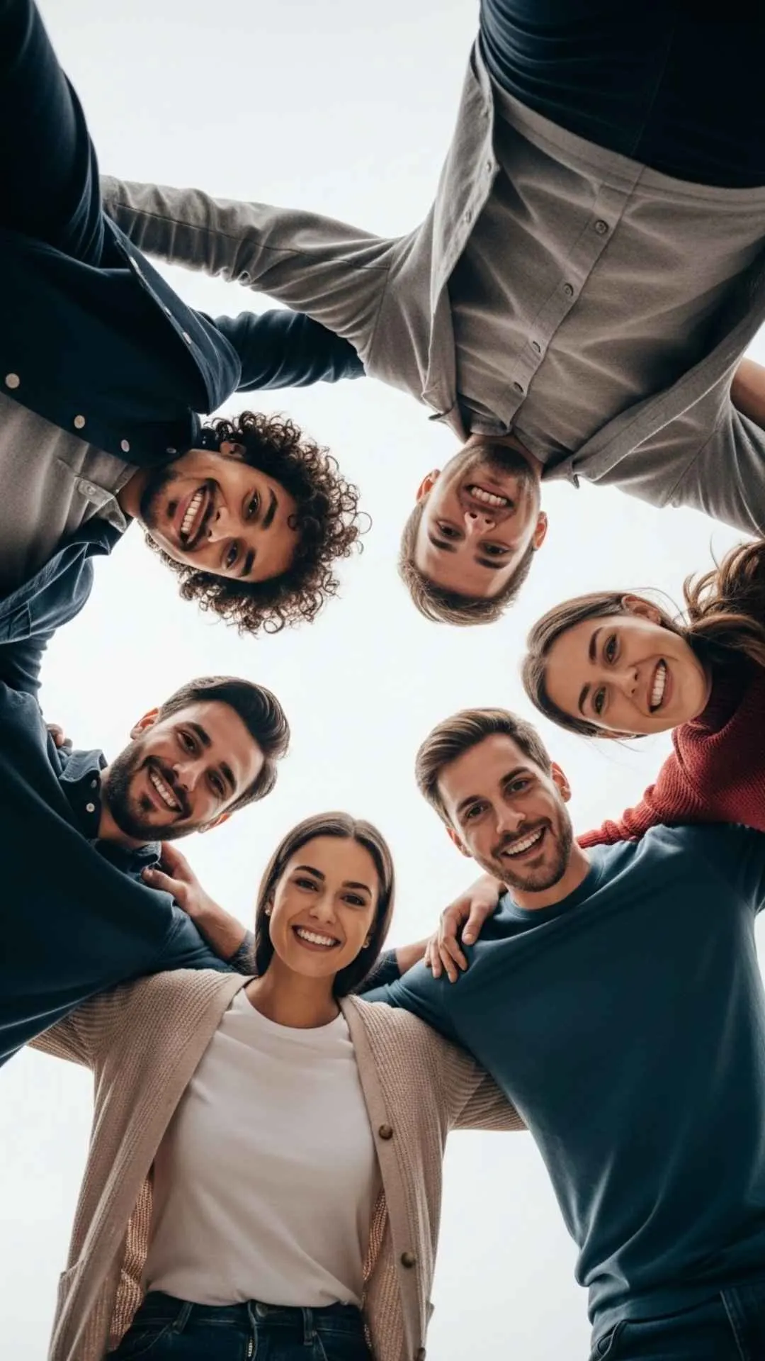 A group of friends DP showing a squad in a tight huddle from a low angle, symbolizing loyalty, unity, and unbreakable squad goals.