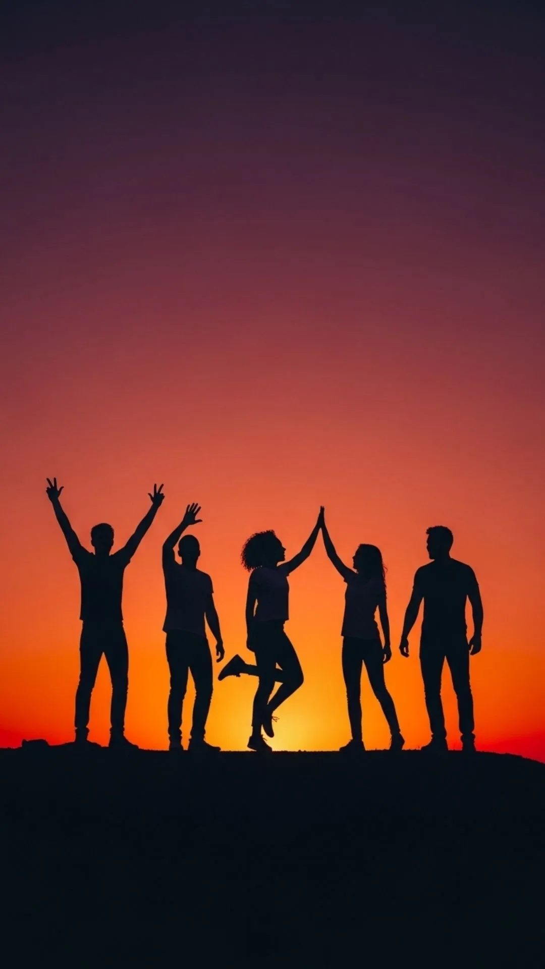 An epic group of friends DP showing the silhouette of a squad celebrating on a hill against a vibrant sunset, the perfect image for squad goals and unforgettable moments.