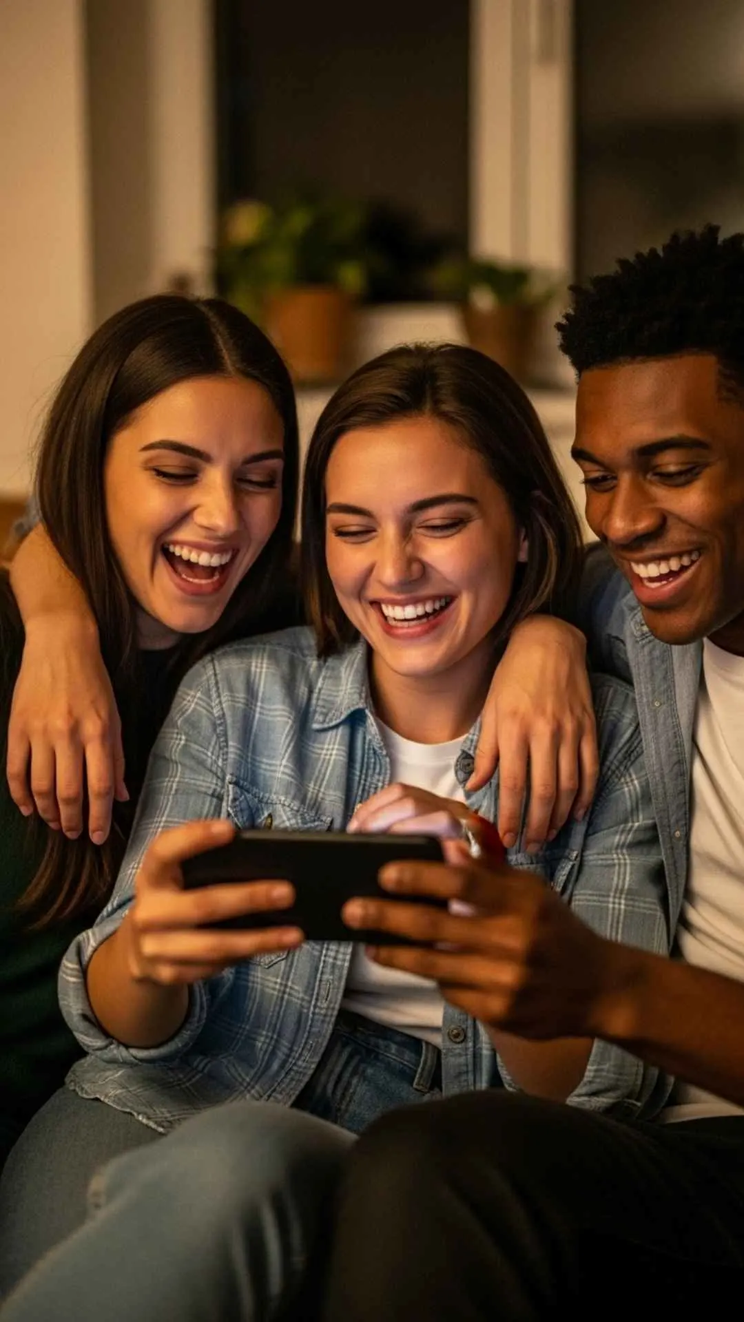 Three diverse young friends laughing together on a couch while looking at a smartphone, capturing a joyful moment of shared connection, perfect as a cute friendship DP or best friend image."