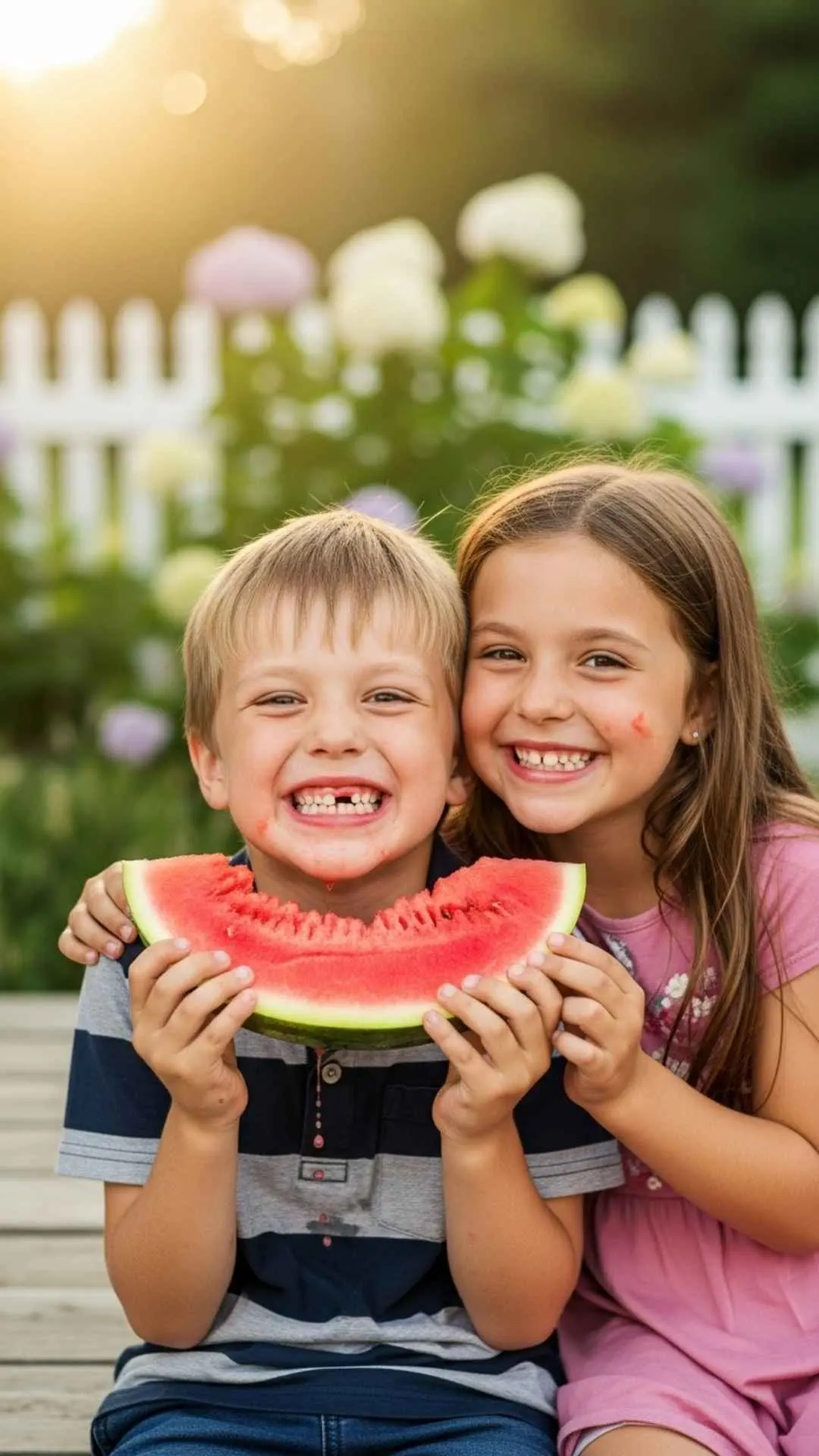 A cute HD profile pic of a little brother and sister sharing watermelon, capturing a sweet childhood memory. Part of the 'little brother and sister images for WhatsApp DP' collection.