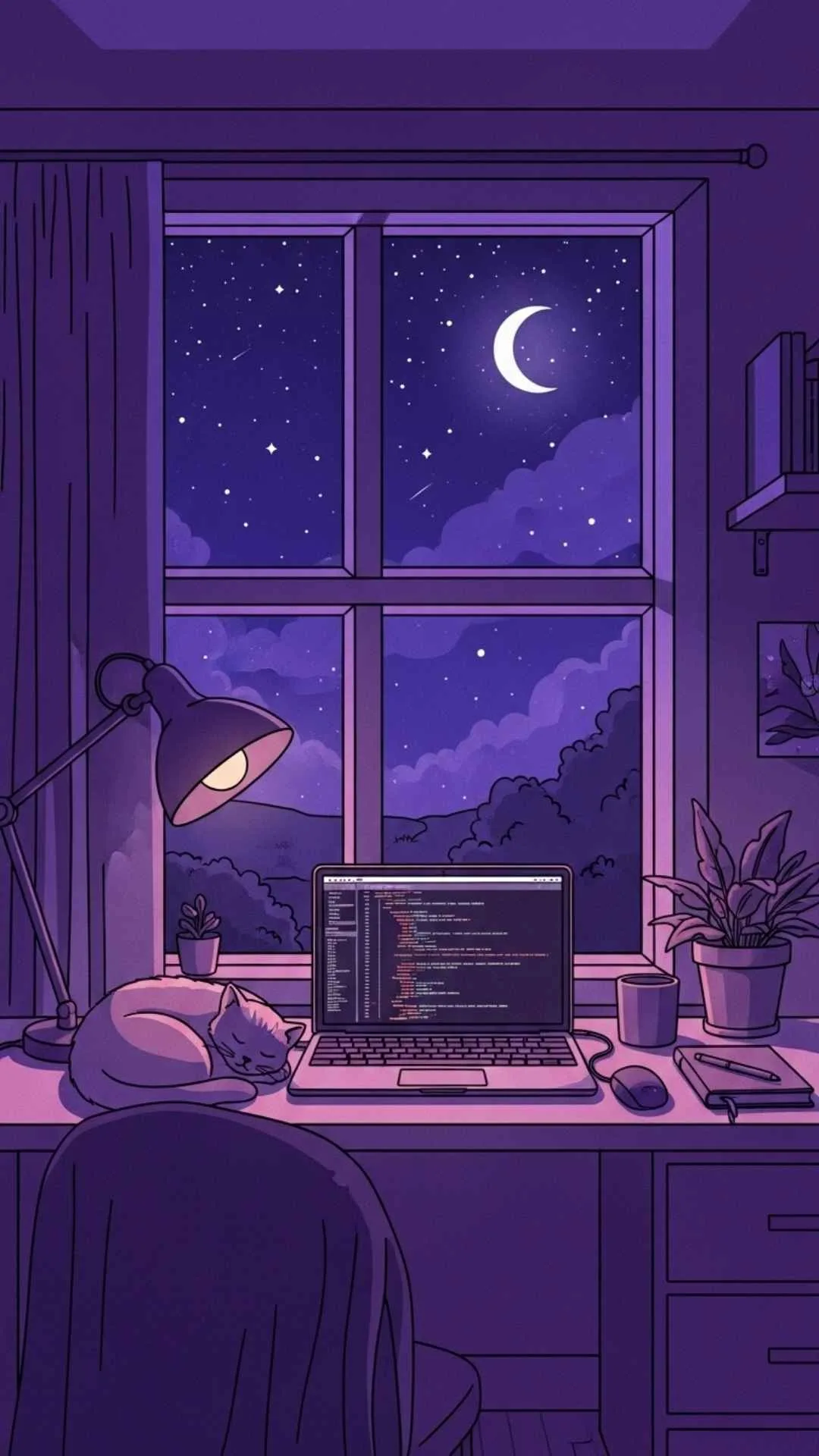 A 9:16 'Lofi aesthetic' study DP inspired by the Lofi Girl, showing a cozy desk with a laptop, sleeping cat, and window view at night. This relaxing, anime-vibe image is a popular choice for Indian students' late-night study motivation on WhatsApp. Download free study DPs at Majekfilms.com.