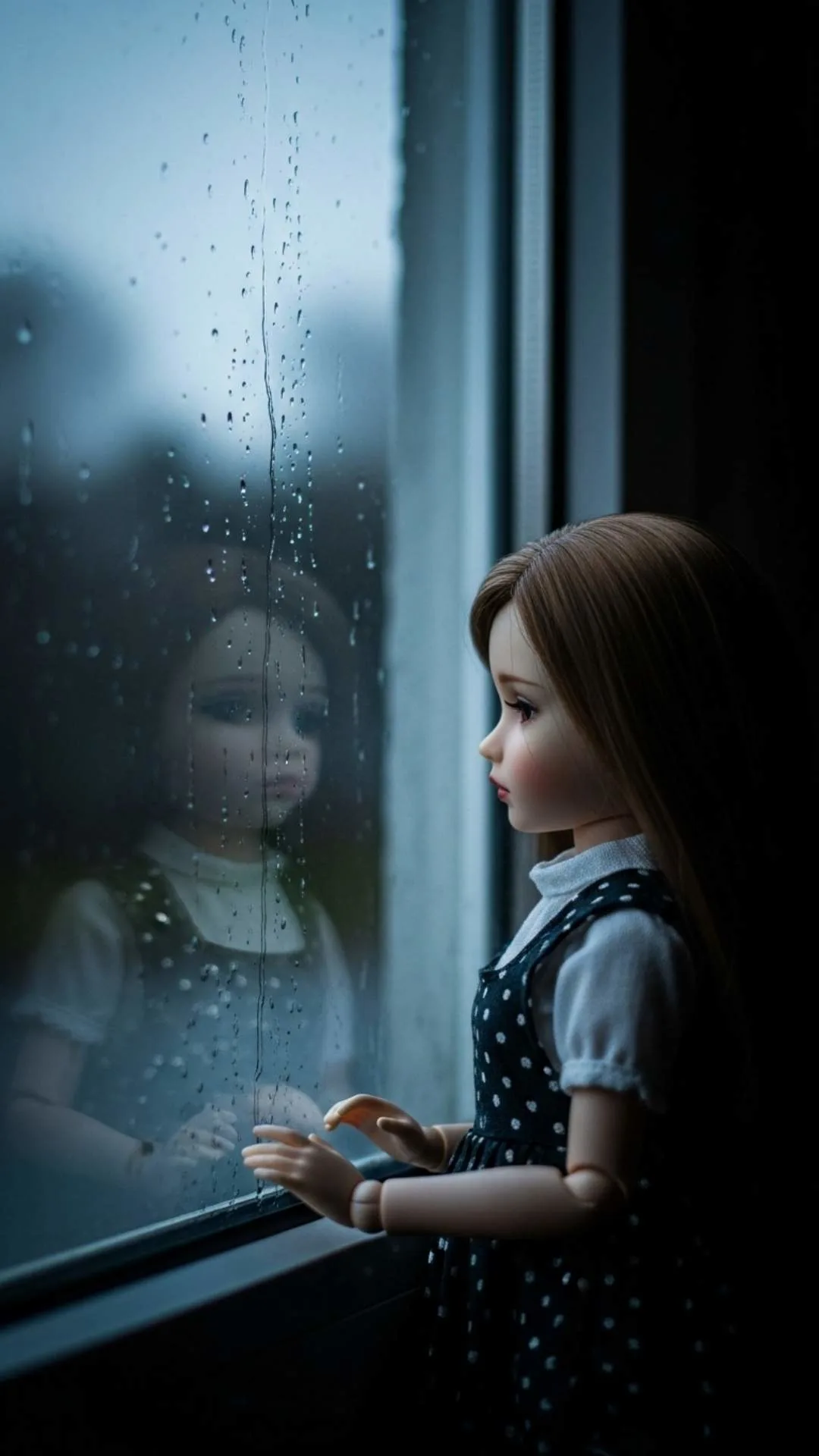 A 'lonely dp image' of a 'sad doll looking out a window' with rain, embodying 'longing' and 'melancholy'. This HD image from the Majekfilms.com 'Lonely DP Images HD' collection is a 'Sad WhatsApp DP' for users in 'quiet understanding'.