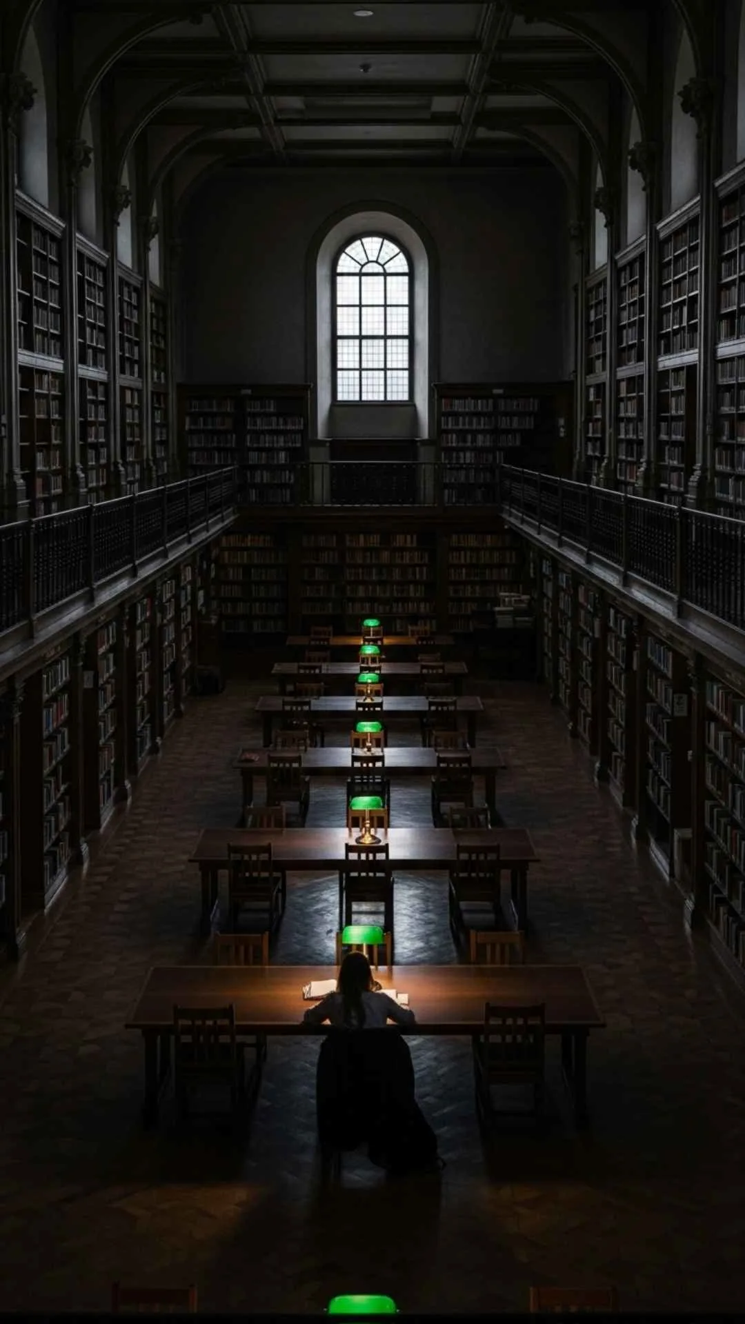 A 9:16 'lonely' DP showing a single, tiny student sitting alone in a huge, empty library. This powerful 'sad' study image symbolizes the feeling of isolation and pressure faced by university students in India. Find more free 'Lonely DP Images' to express your mood on Majekfilms.com.