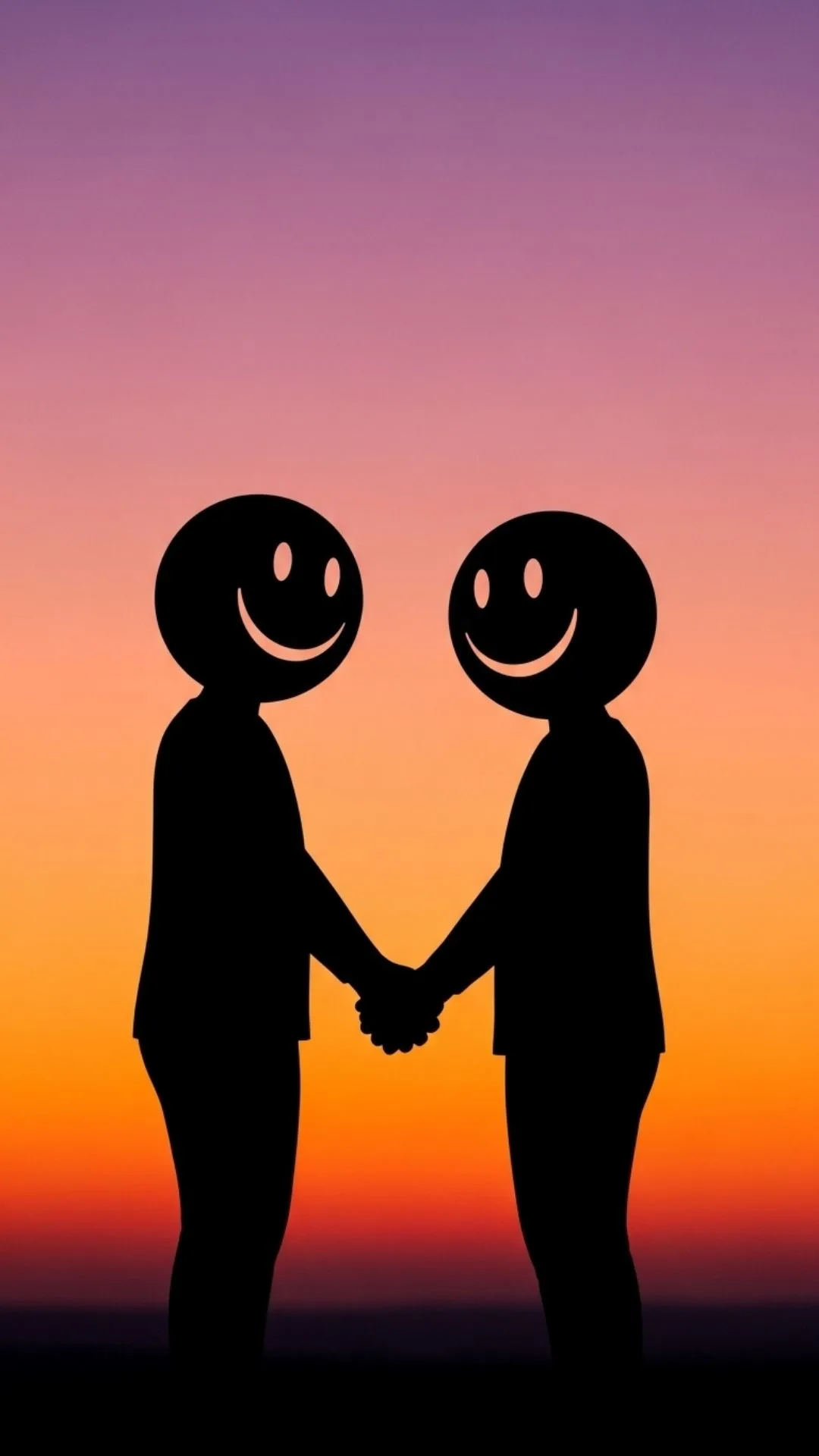 An artistic love smiley DP silhouette showing two figures holding hands against a romantic sunset. This free HD image is perfect as a couple DP for WhatsApp or Instagram, symbolizing unity and deep love.