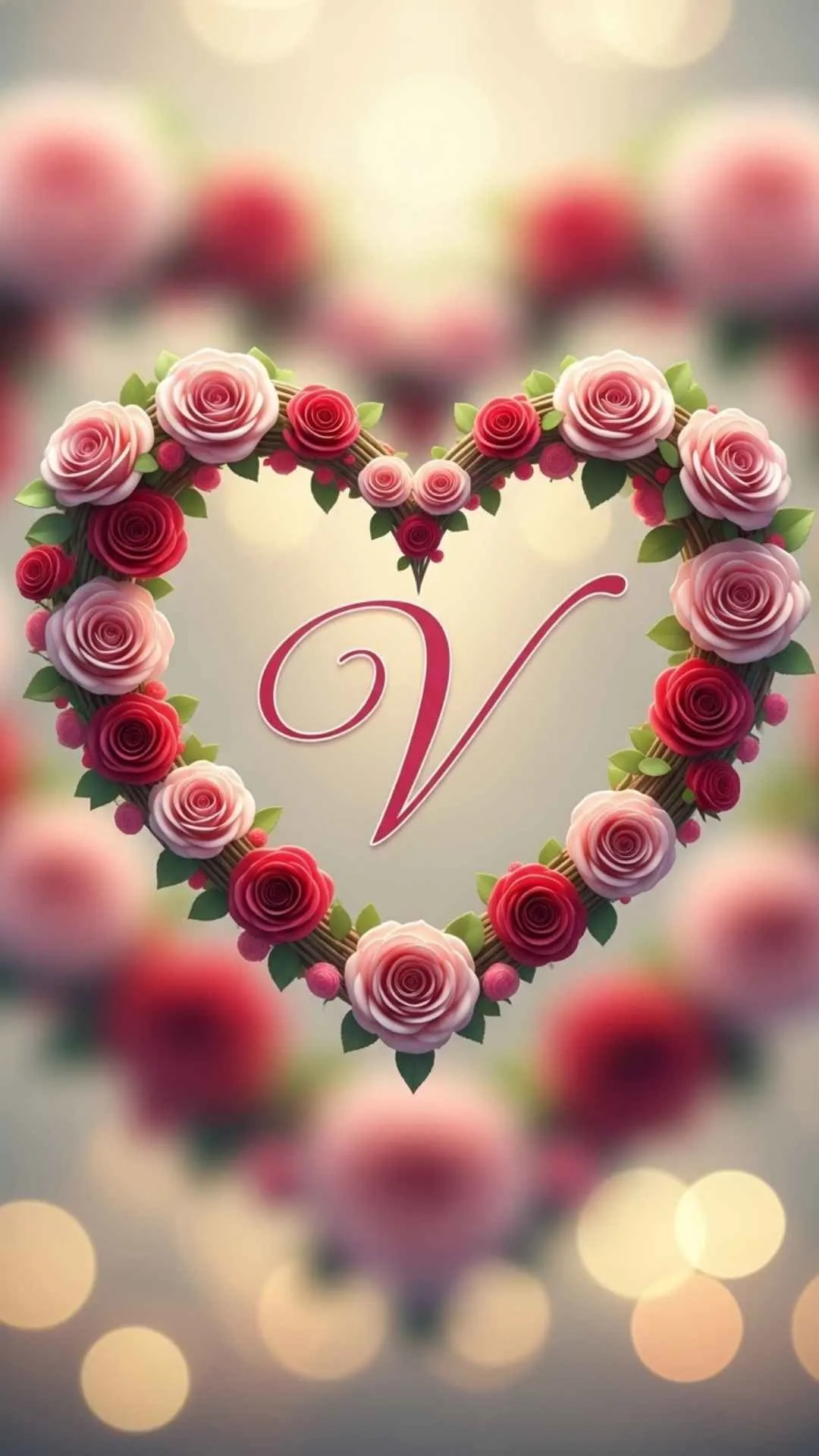 A beautiful, romantic 'V' letter image for DP, featuring an elegant cursive 'V' nestled within a heart made of pink and red roses, set against a soft, dreamy bokeh background. This 'V in heart DP' is perfect for expressing love and affection, ideal for couples or individuals in India searching for 'V letter images for dp love', 'romantic V name dp', 'cute V alphabet wallpaper', or 'WhatsApp love DP with V'
