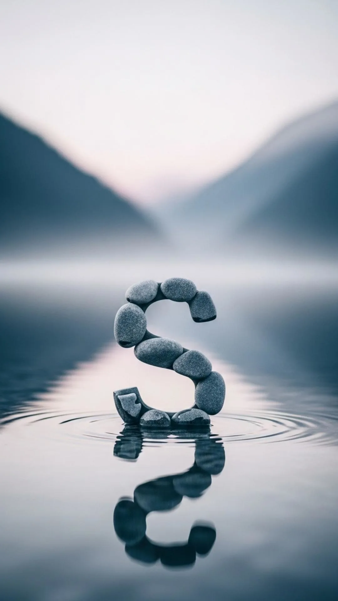 A contemplative S letter DP, minimalist in design, formed by smooth grey river pebbles on a reflective shallow water surface. The background is a blurred, misty Indian hillside at dusk, evoking feelings of peaceful solitude and thoughtful introspection. This unique S name DP is ideal for expressive and moody profile pictures for WhatsApp or Instagram