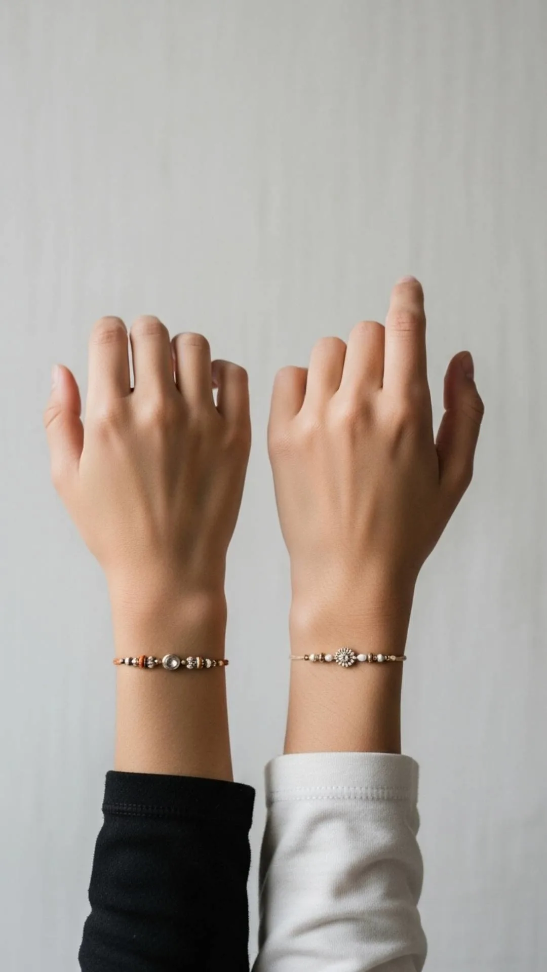 A high-resolution, minimalist photo showing the wrists of a brother and sister with matching 'Rakhi' bracelets, perfect for an aesthetic WhatsApp DP. This artistic, meaningful, and high-quality image provides a unique solution for users searching for 'symbolic bhai-behen DP' or 'minimalist brother sister matching tattoo/bracelet ideas'.