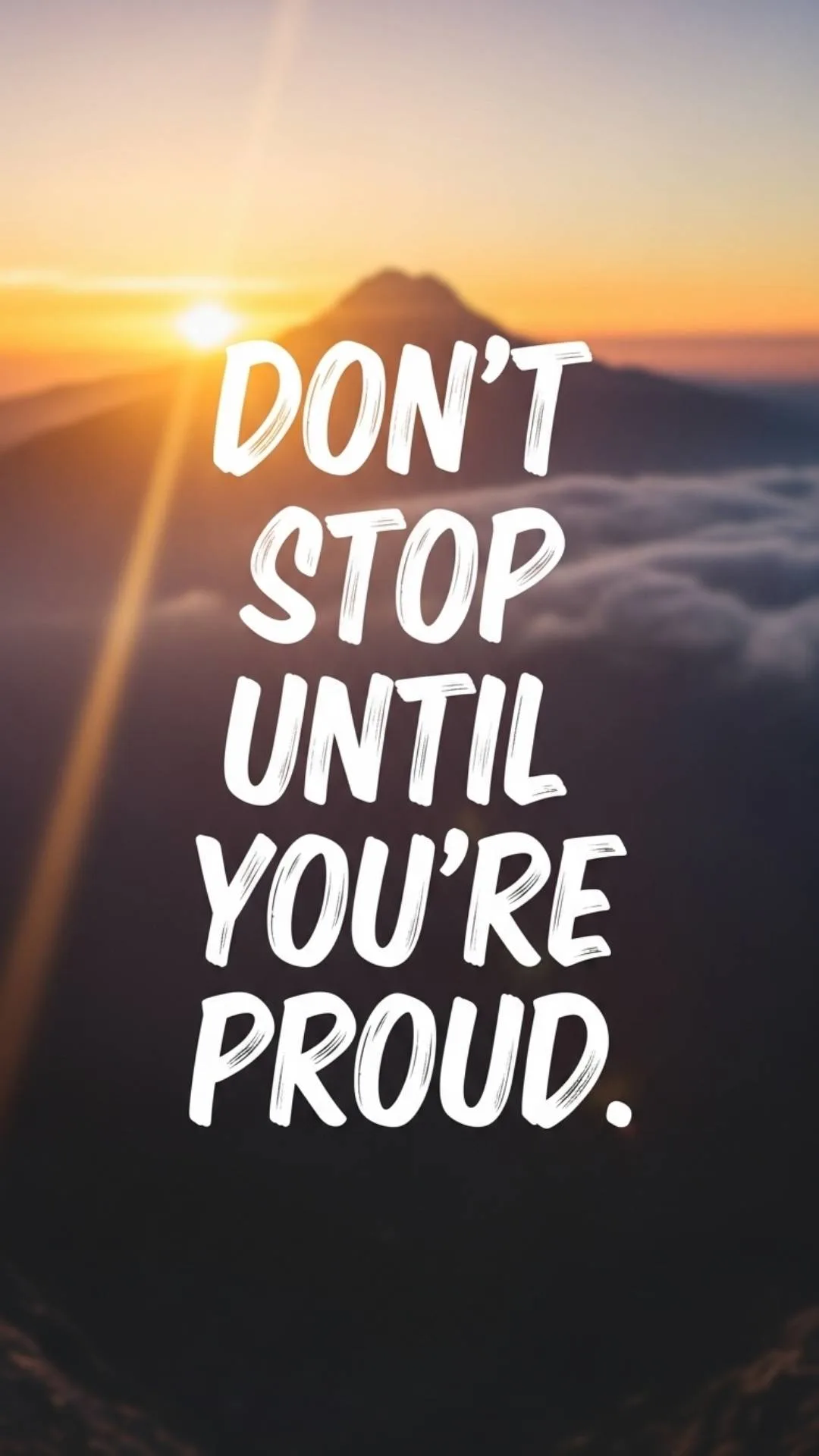 A 9:16 aesthetic motivational DP with the inspiring quote 'Don't Stop Until You're Proud.' in white script over a blurred sunrise background. This beautiful study DP is perfect for an Indian student's WhatsApp profile to stay motivated during exams. Download free 4K 'Instagram DP with Quotes' from Majekfilms.com.