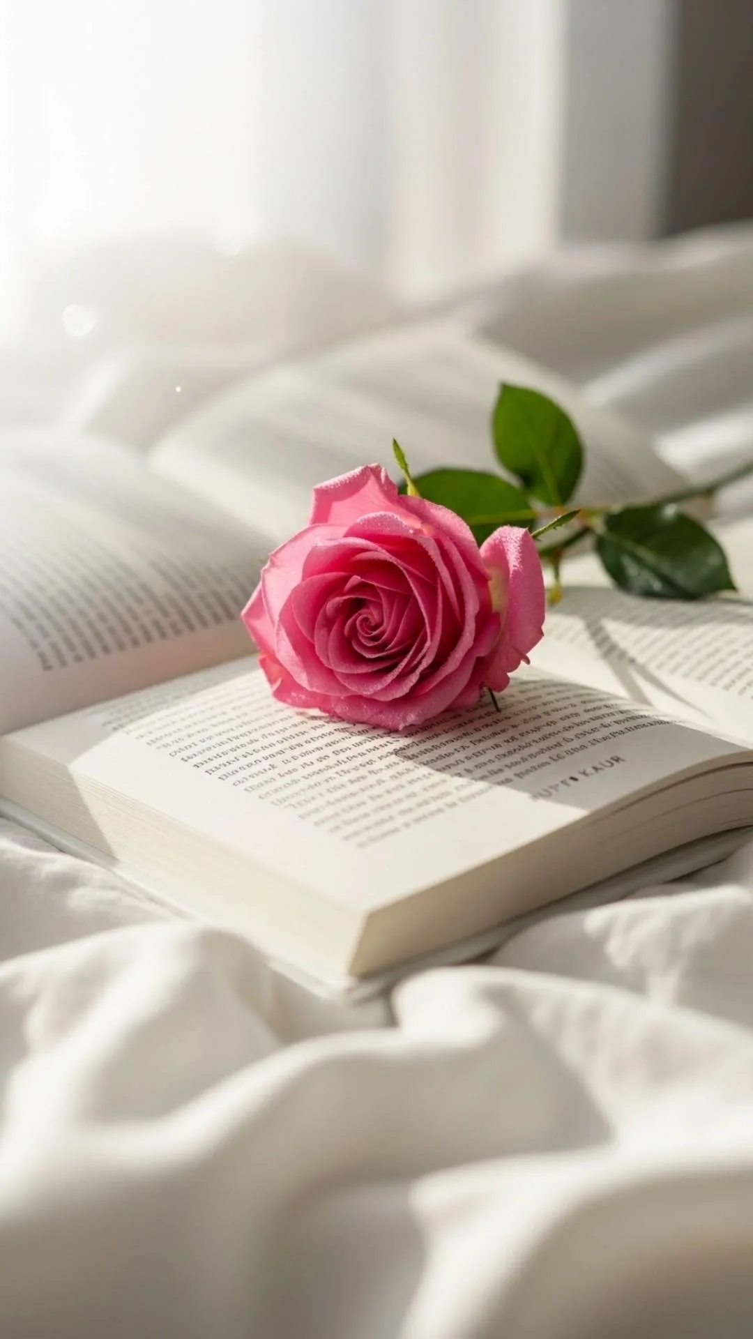 A romantic poetry book DP for Instagram, featuring a beautiful book of poems with a delicate pink rose on a soft bed, symbolizing a sensitive soul and deep emotional connections. This aesthetic profile picture is perfect for Indian readers who love romance, beauty, and poets like Rupi Kaur.