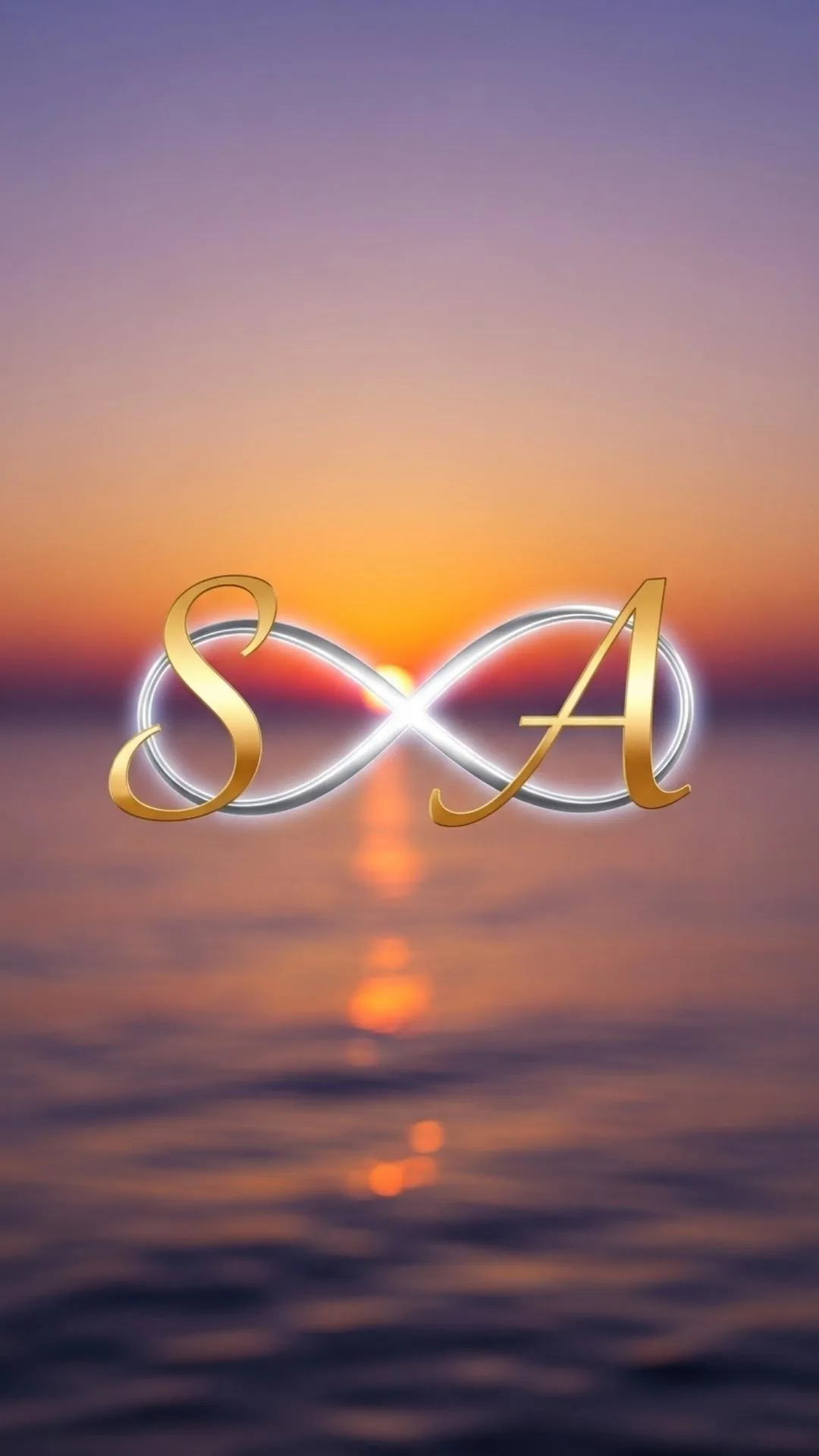 A romantic 'S and A' letter couple DP, featuring 'S+A' in a golden script font, linked by a glowing infinity symbol against a beautiful sunset. This stylish HD image is perfect for couples in India to use as their matching WhatsApp DP. Free download from Majekfilms.com