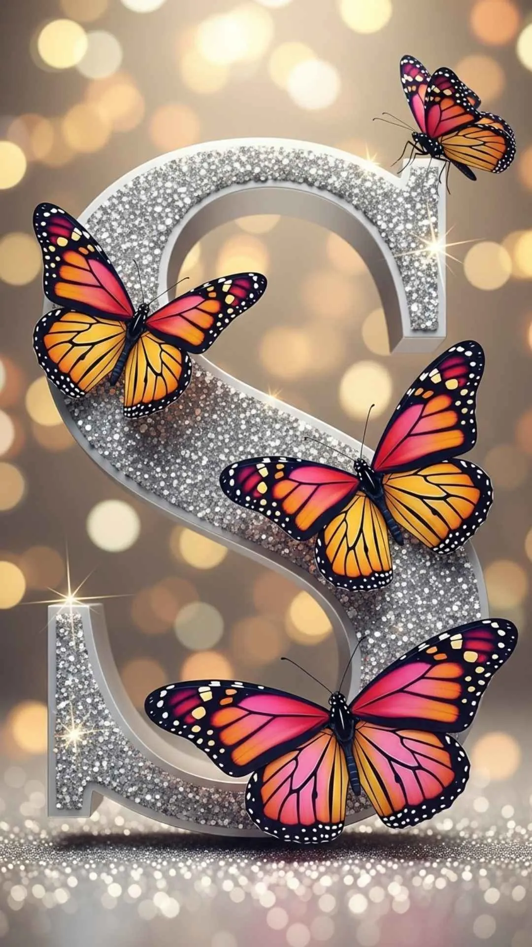 A magical S letter DP with butterflies and glitter, showing a sparkling silver 'S' with orange and pink butterflies. This beautiful and stylish S name DP for girls is perfect as a dreamy, cute HD 4K WhatsApp profile picture. Free download from Majekfilms.com.